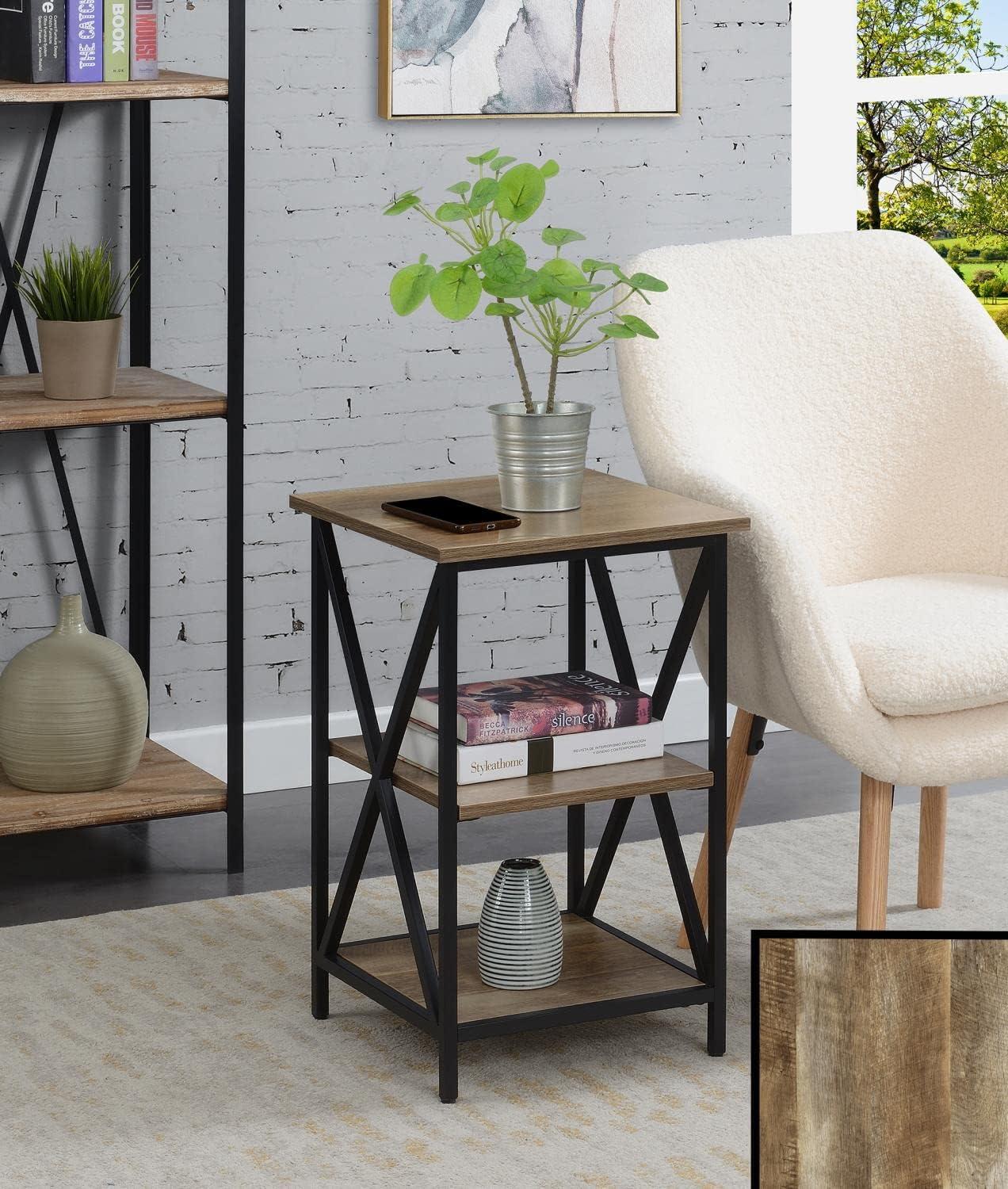 Tucson Weathered Barnwood & Black Square Metal End Table with Shelves