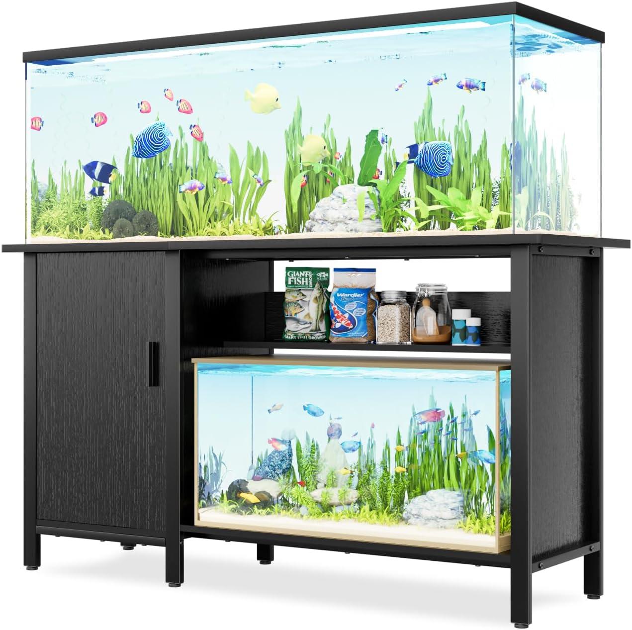 Bestier 55 Gallon Fish Tank Stand Metal Aquarium Stand with Storage Cabinet & Power Outlets LED Light, 750lbs Capacity, Black