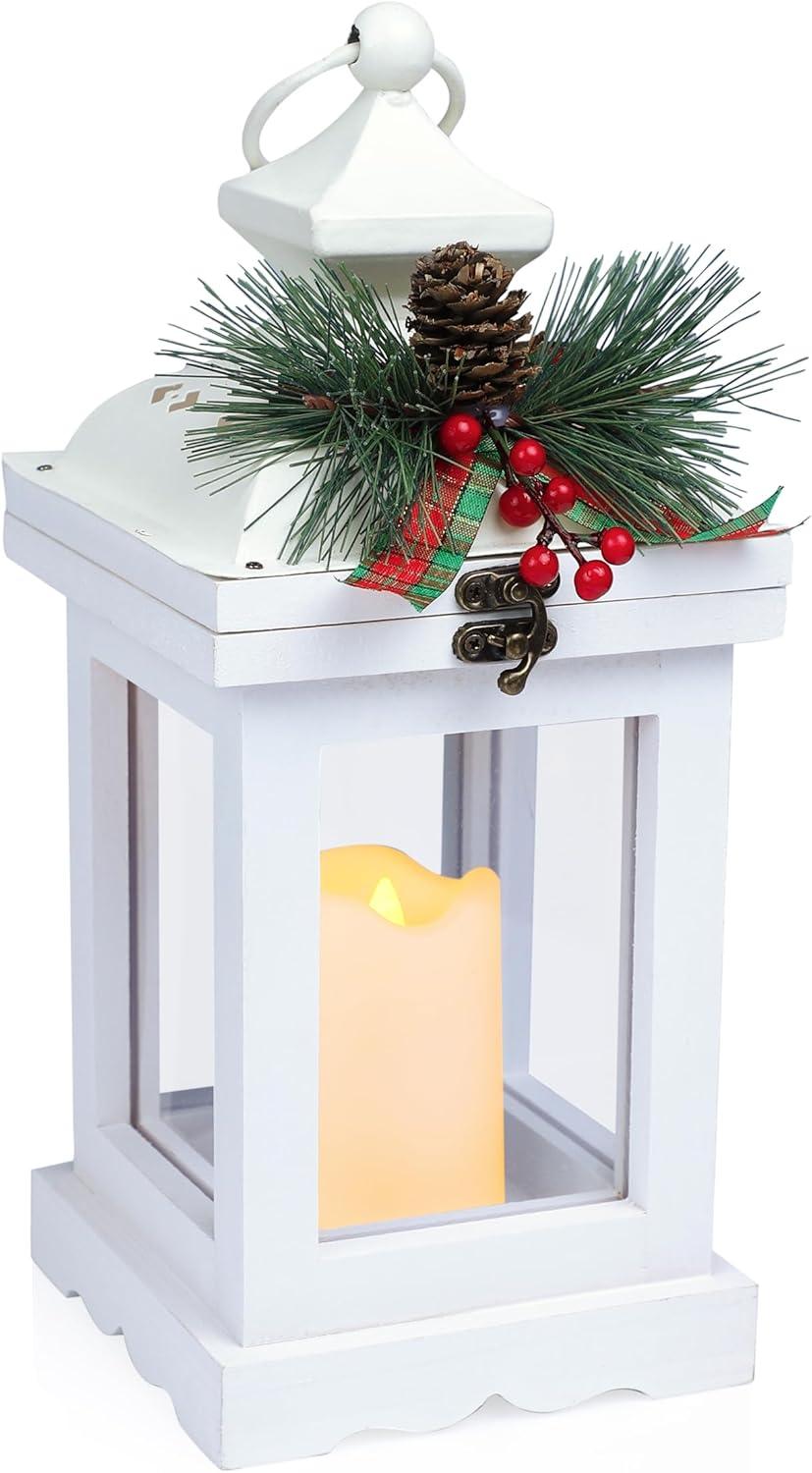 Alpine Corporation 5" x 12" Vintage Holiday Lantern with Battery-Powered LED Candle, White