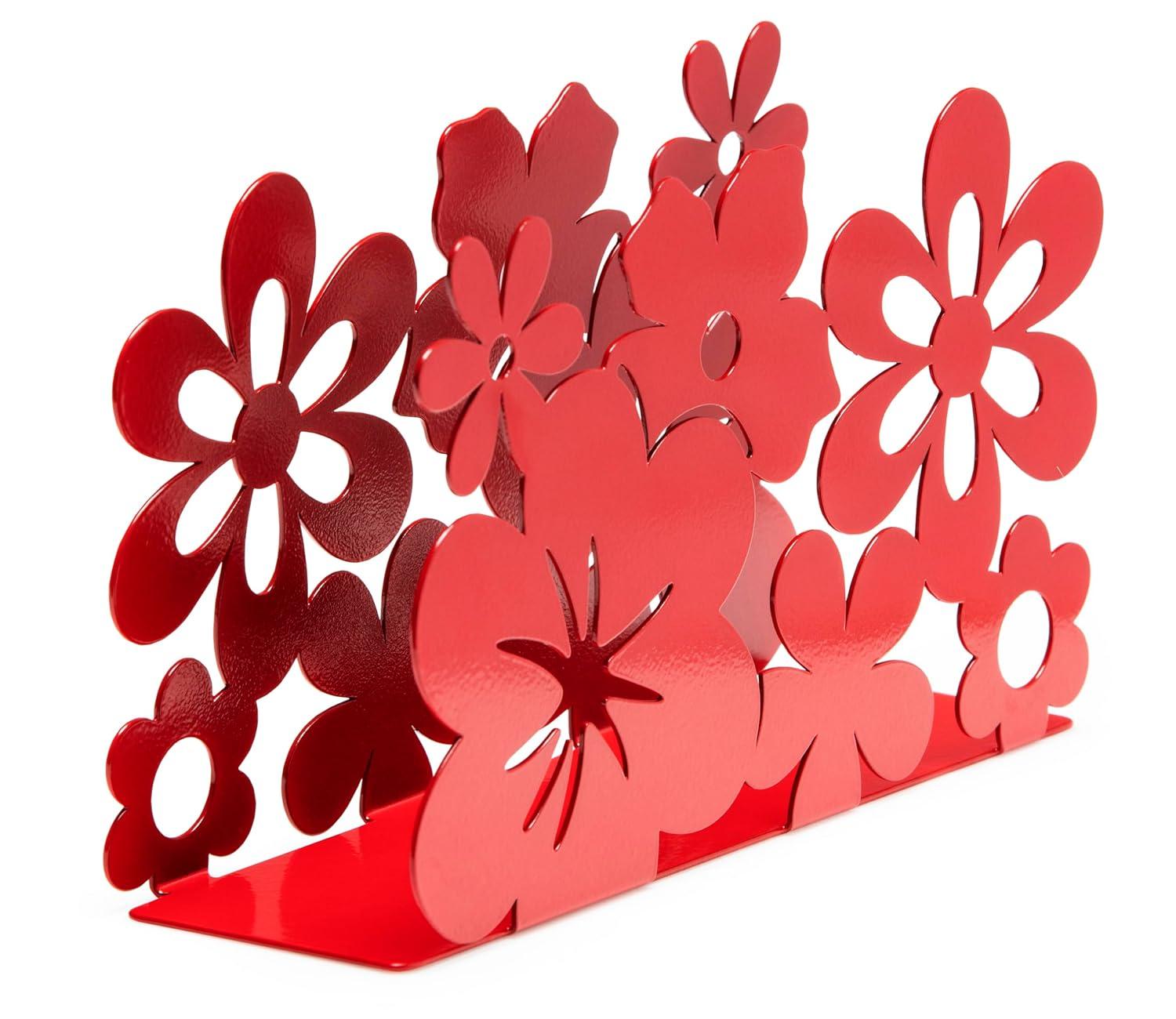 Mango Steam Metal Tabletop Napkin & Letter Holder Flower, Red (6" L x 1.75" W x 4" H)