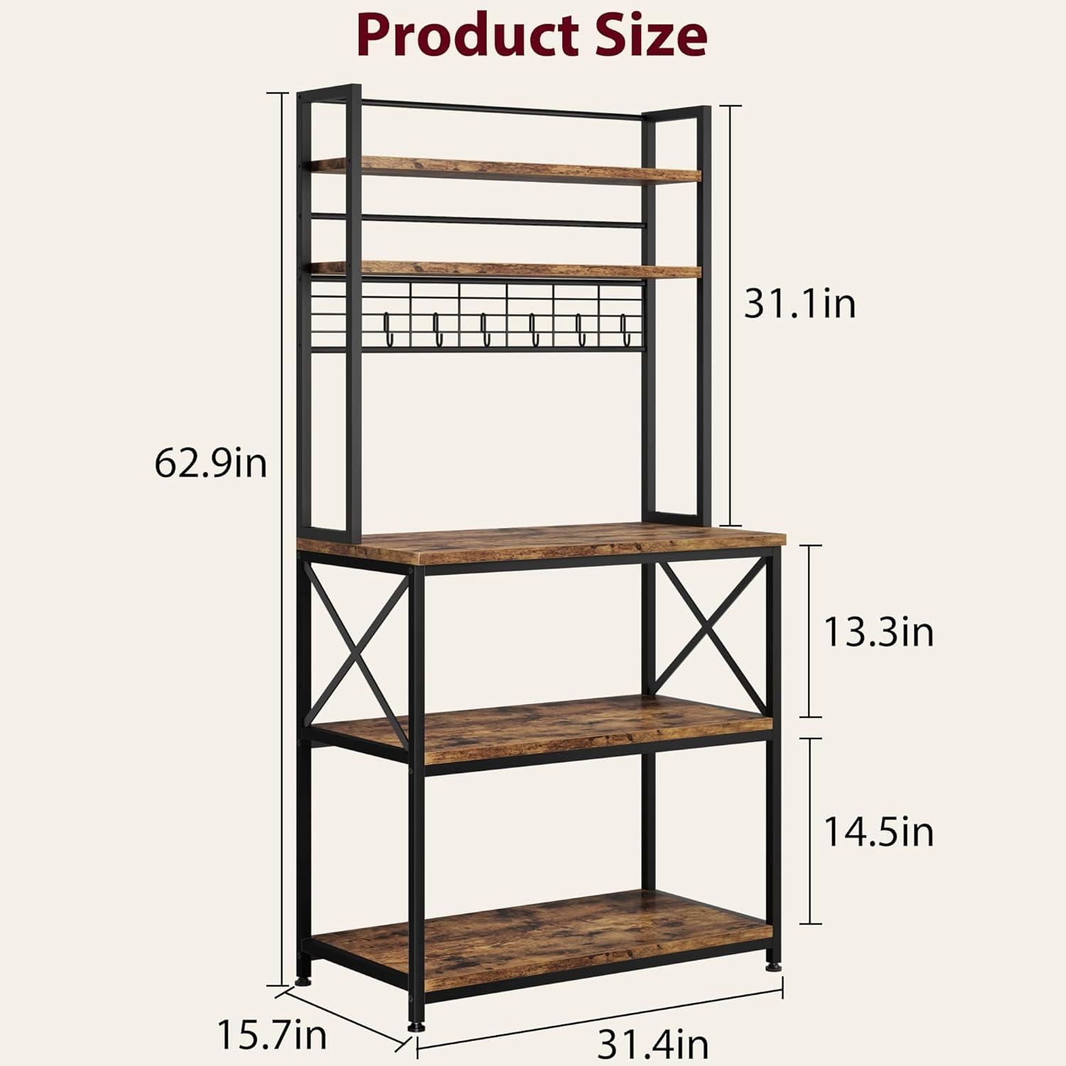 IDEALHOUSE Kitchen Bakers Rack, Microwave Oven Stand with Large Storage, Industrial Coffee Bar Station, 5-Tier Kitchen Utility Storage Shelf with 6 Hooks for Spice, Pots Organizer, Rustic Brown