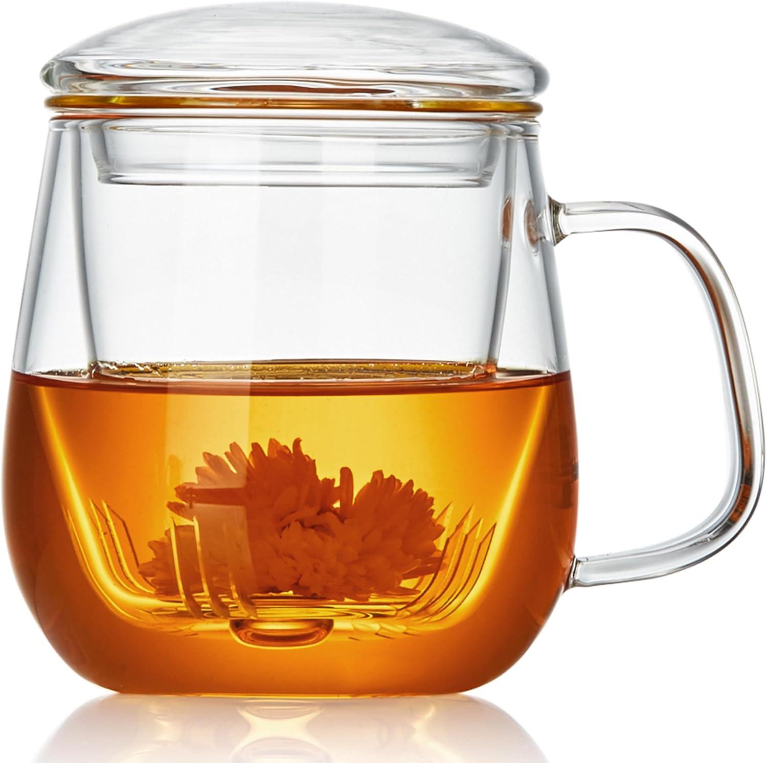 Large Clear Borosilicate Glass Tea Cup with Infuser and Lid, 17.6oz - For Loose Leaf Tea Enjoyment Teacup Mug