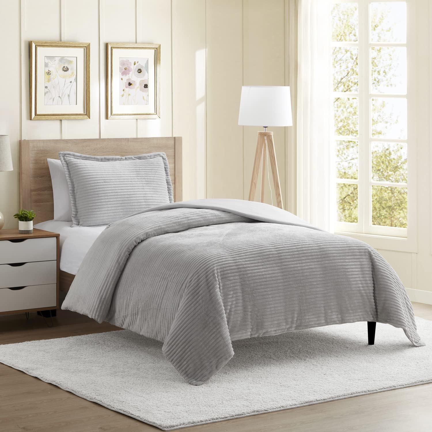 Twin Silver Gray Flannel Duvet Cover Set with Pillow Shams