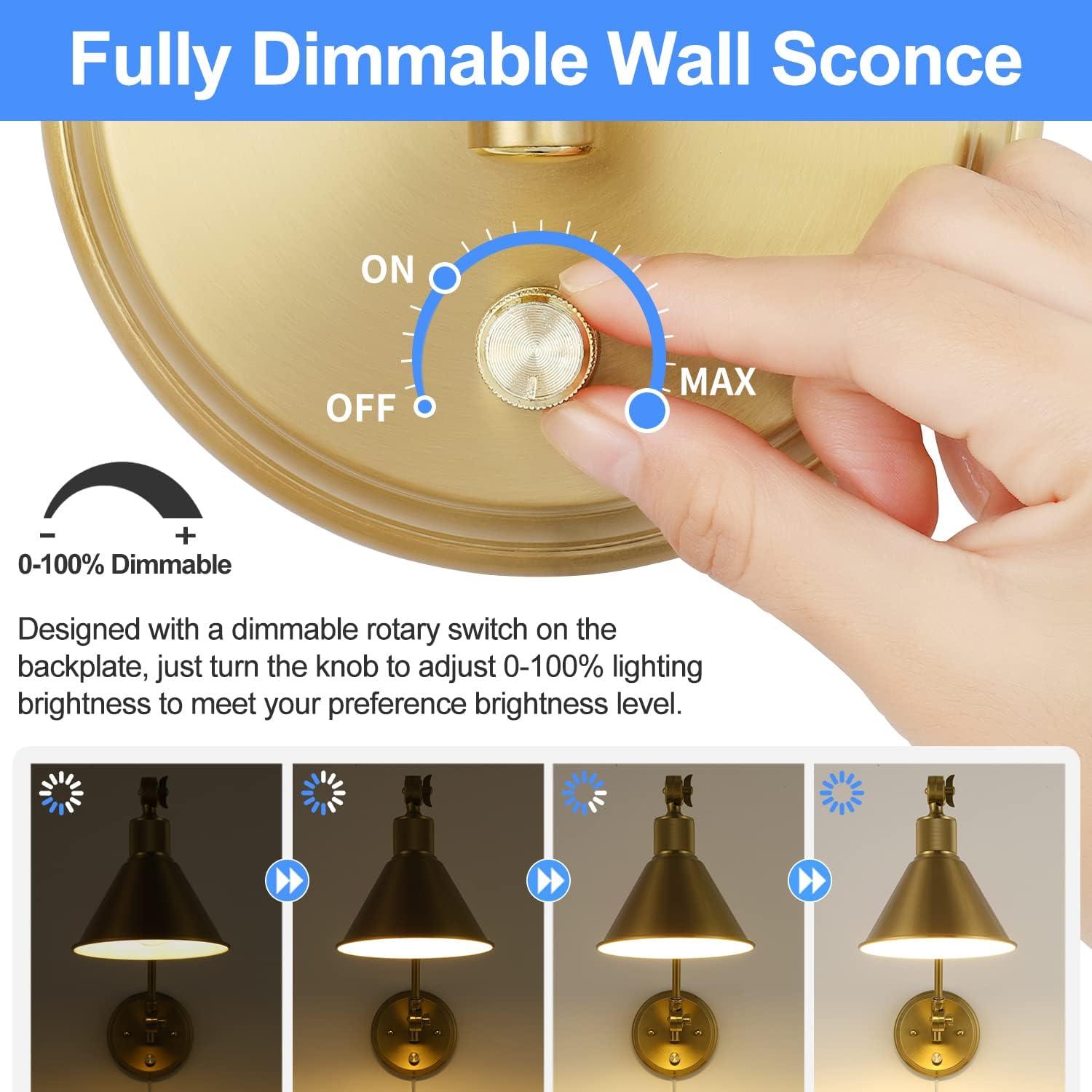 TRLIFE Wall Sconce Plug In, Dimmable Wall Sconce Brushed Brass Swing Arm Wall Lights with Plug in Cord and Dimmer On/Off Knob Switch, Wall Mounted Light for Bedside Bedroom Stairway (1 Pack, 1 Bulb)