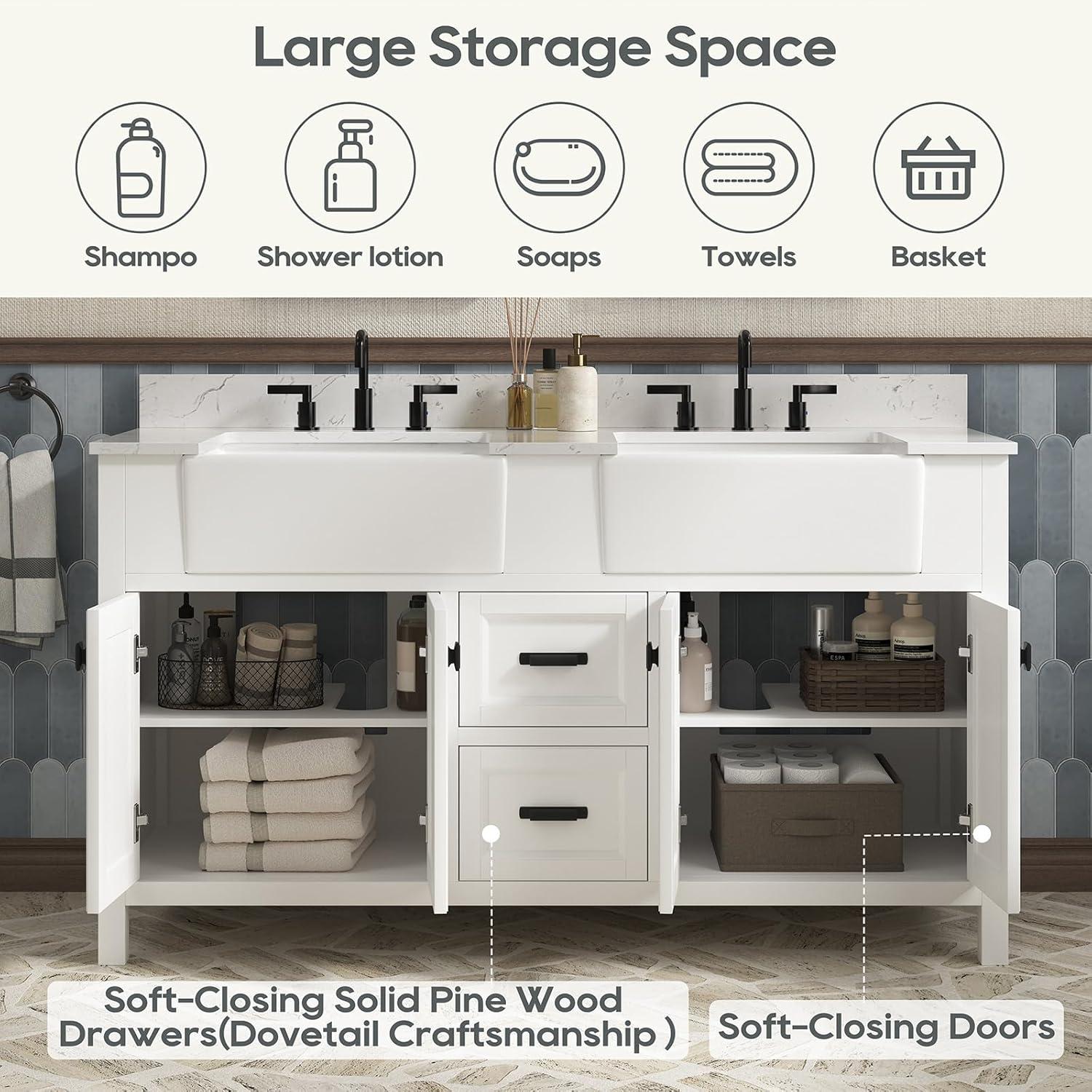 Richfield 60-inch White Painted Freestanding Double Sink Bathroom Vanity