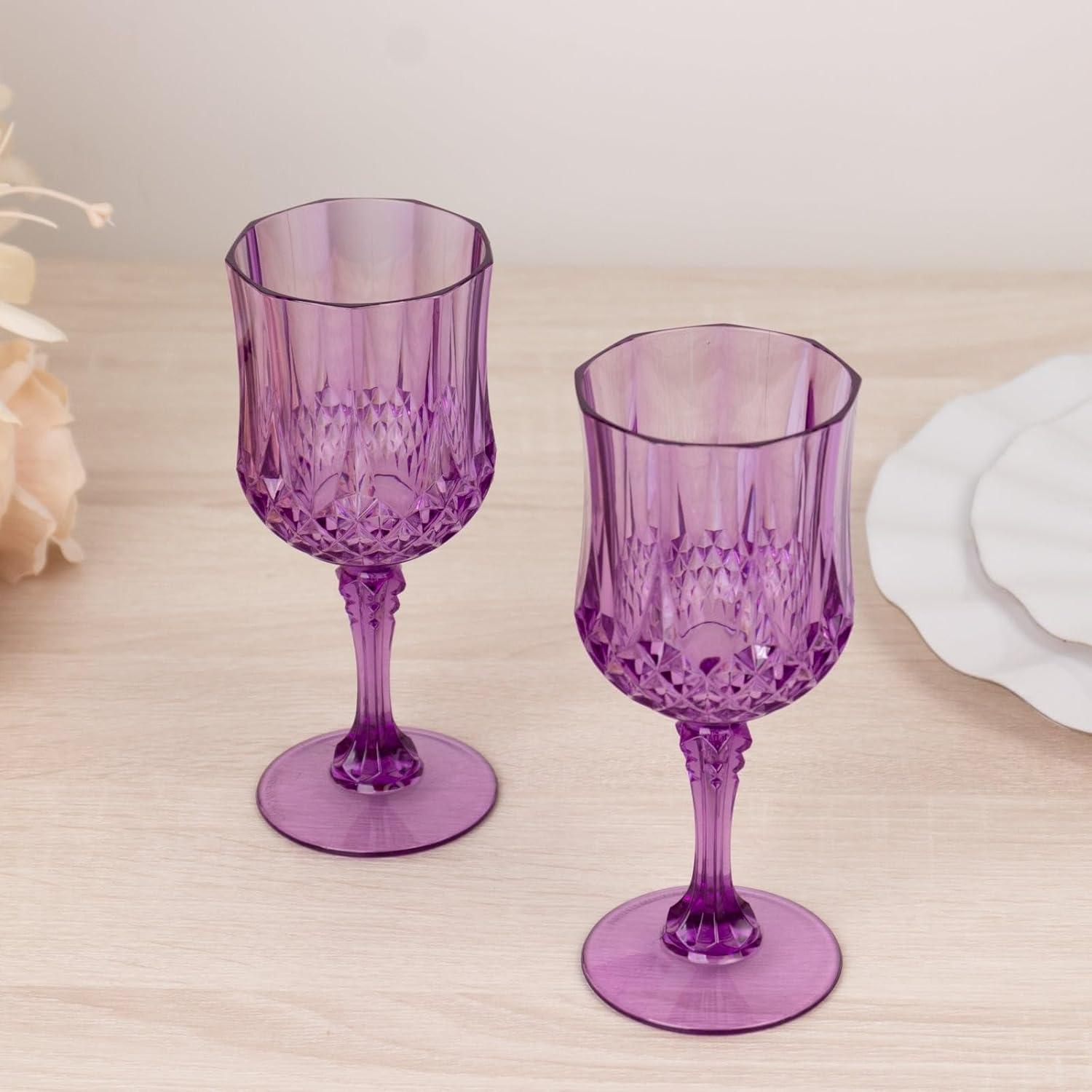 Efavormart 6-Pack Plastic Wine Glasses 8oz, Purple - Crystal Cut Shatterproof Cocktail Goblets Drinking Glasses