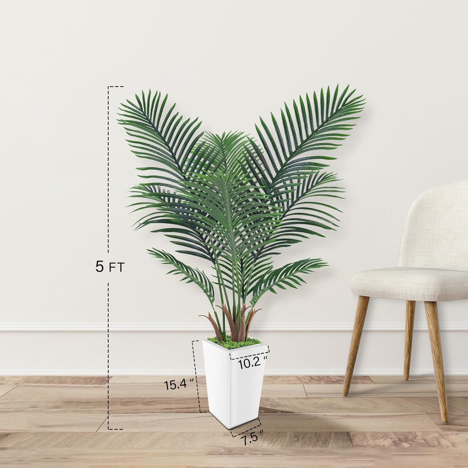 Artificial Palm Tree 5FT - Fake Tree with White Tall Planter - Faux Tropical Floor Plant in Pot - Artificial Silk Plant for Home Office Living Room Decor Indoor