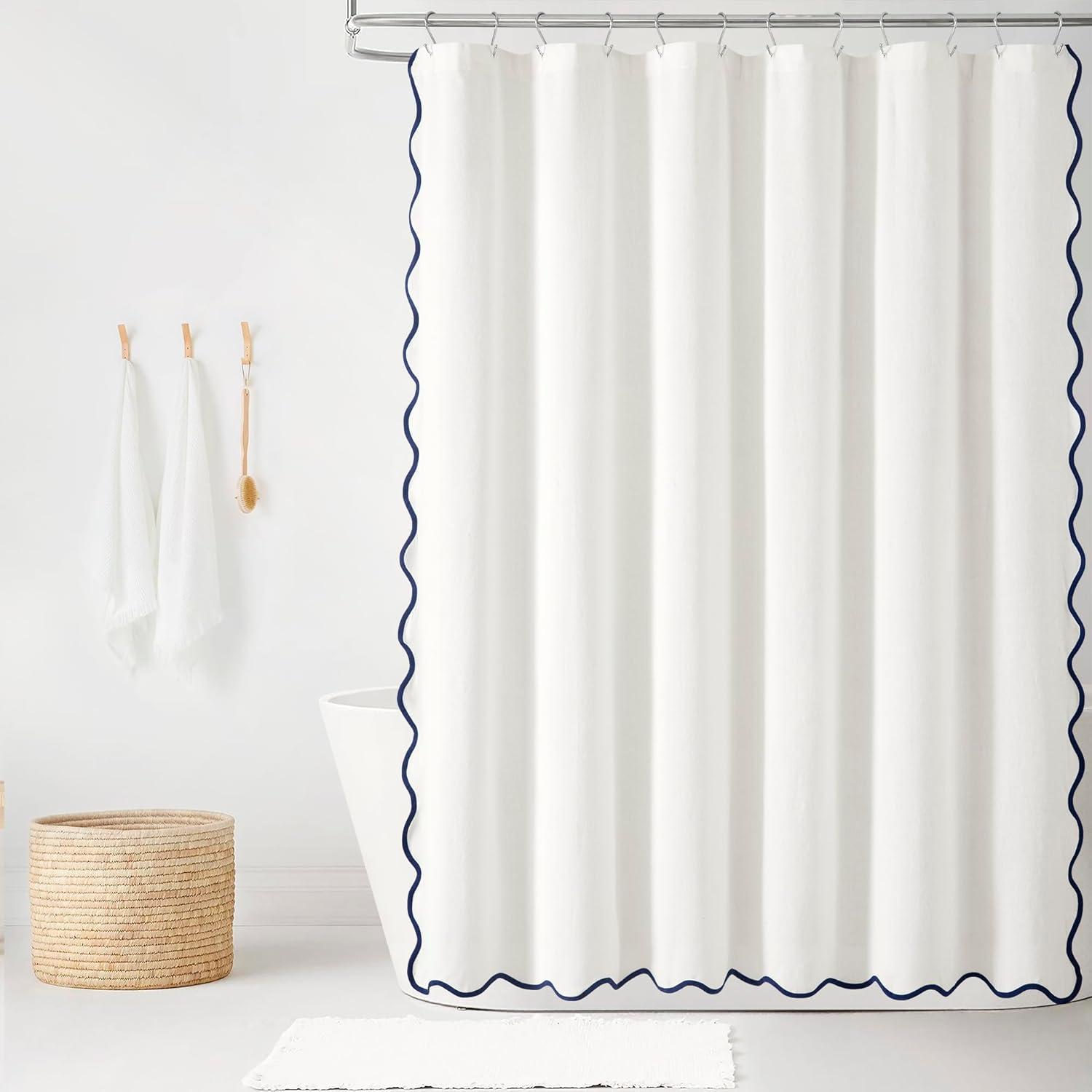 Boho Chic Aesthetic Scallop Edge Shower Curtain, Decorative Coastal Bathroom Curtain for Home Decor, 72 x 72 White and Navy Elegant Minimalist Textured Cloth Bath Curtain (LQ-36)