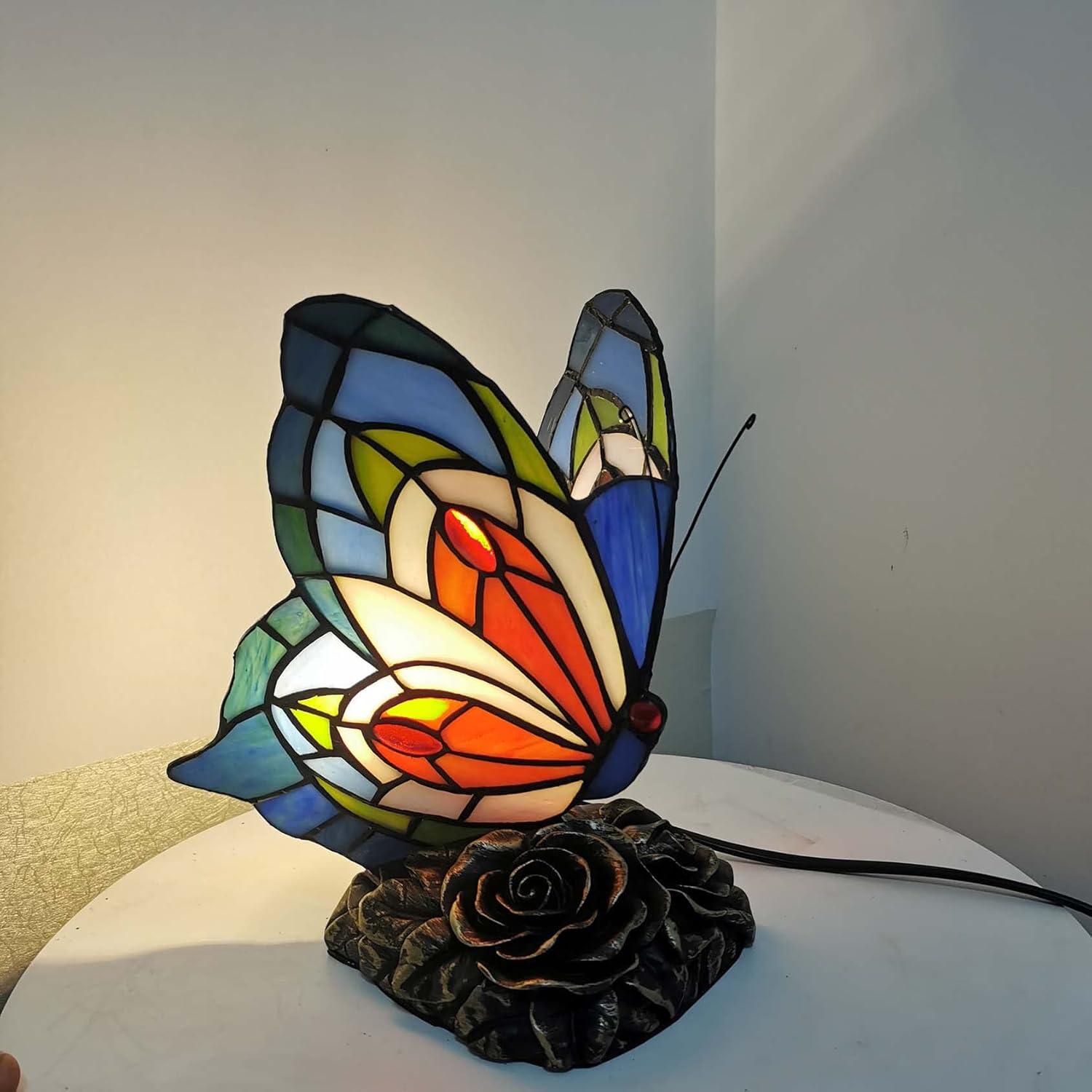 Home Tiffany Style Butterfly Lamp-Stained Glass Table or Desk Light LED Bulb Included-Vintage Look Colorful Accent Decor by Lavish (Rounded Wings)