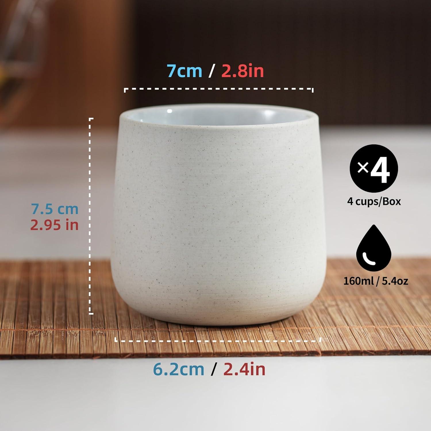 TEANAGOO Ceramic Japanese Tea Cup, 7.2Oz / 205 ml, Lt.Grey, H5, 4 Pcs/box, Occupied Japan Tea Cups, Chinese Tea Cup, Asian Tea Cups, Asian Tea Cups no Handles, korean tea cup Ceramic Cup for Tea