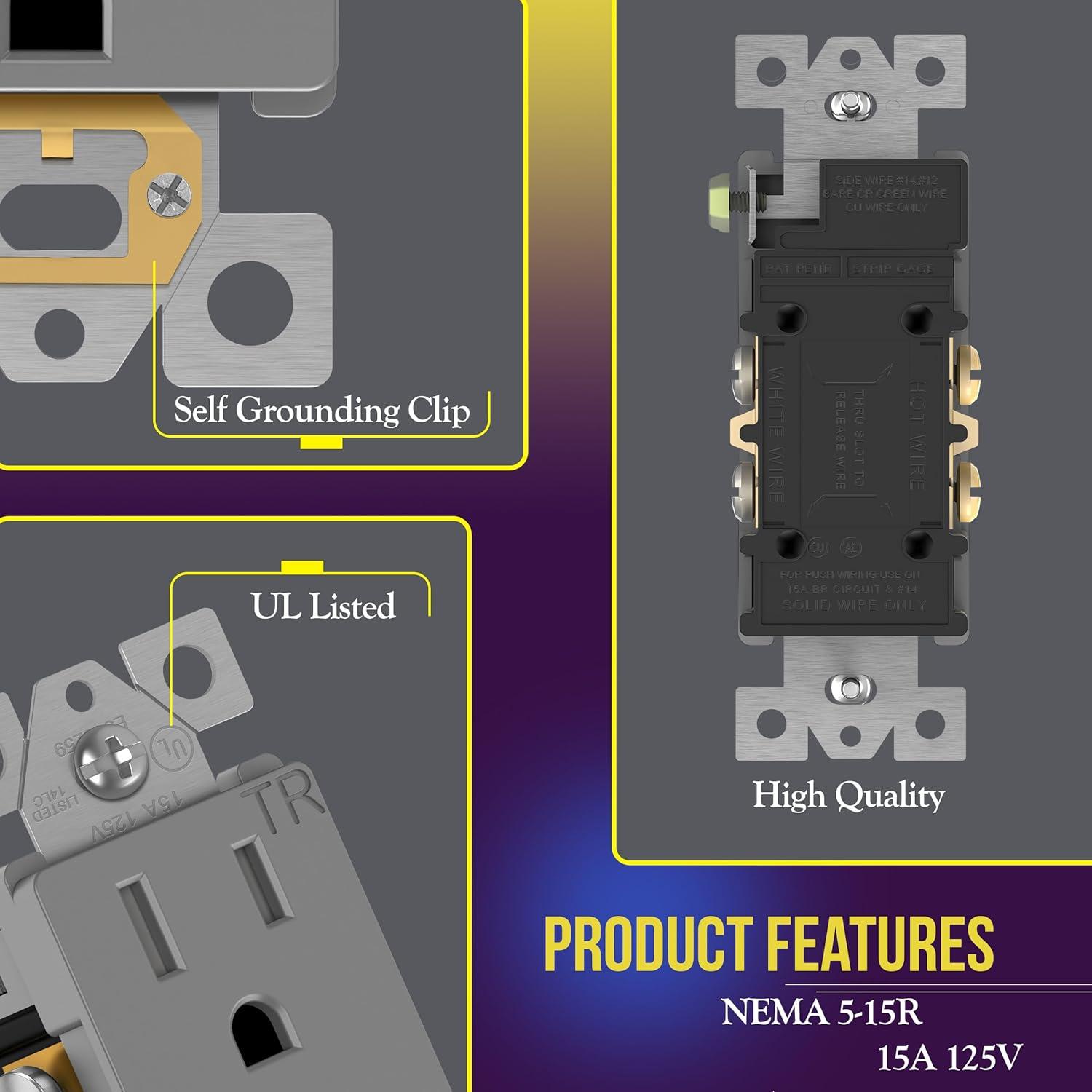 Gray Tamper-Resistant Decorator Receptacle Outlet with Wall Plate