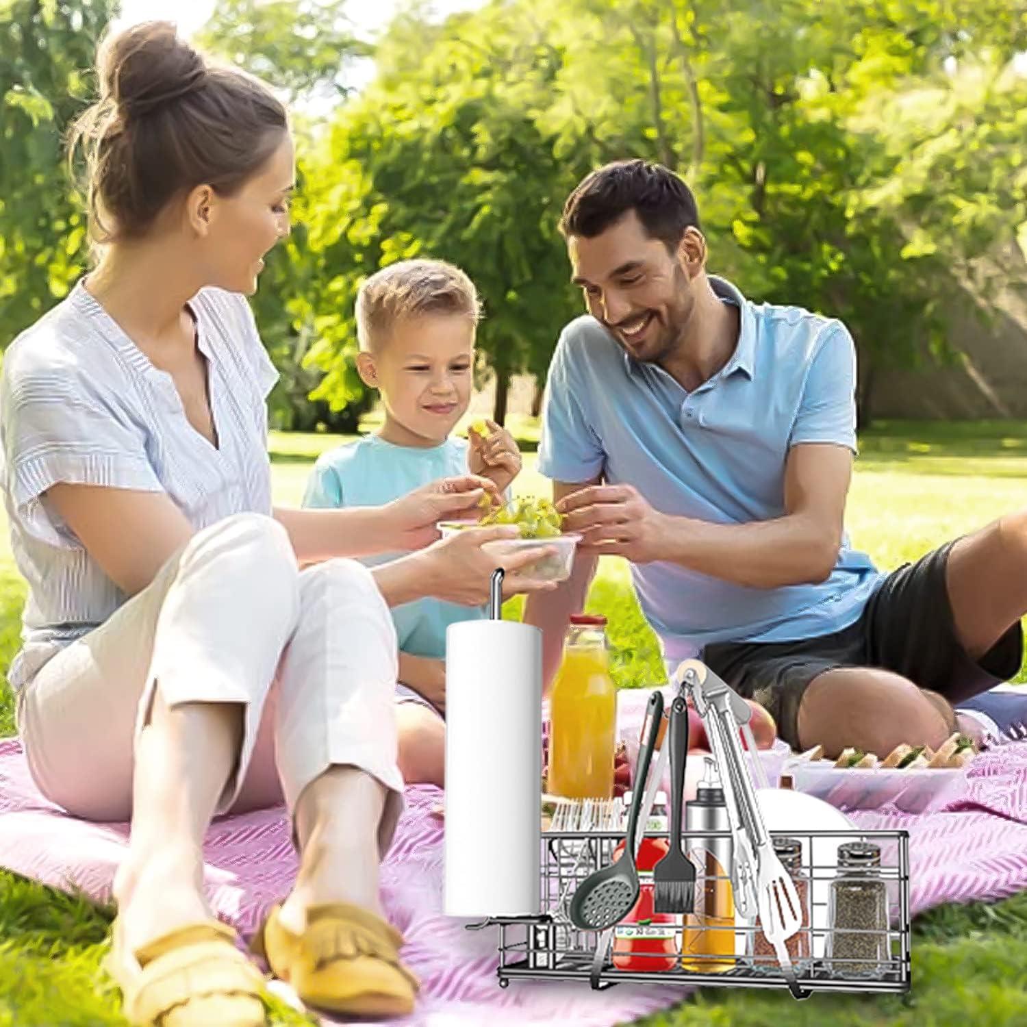 Picnic Caddy BBQ Utensil Caddy for Outdoor Grill Camping for Plate Cutlery CompartmentStorage with 3 Hooks Kitchenn Barbecue Accessories RV Patio Tailgate EssentialsEasy Carry Grilling Gifts for Men