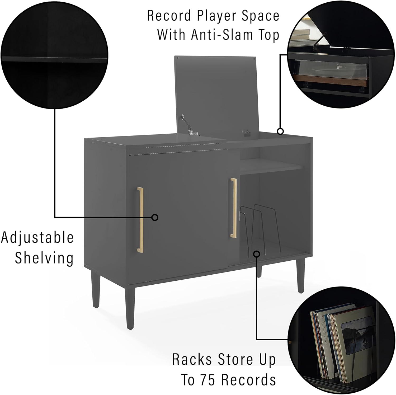 Everett Media Console Matte Black - Crosley: Hinged Lid, Hardwood, Wire Dividers