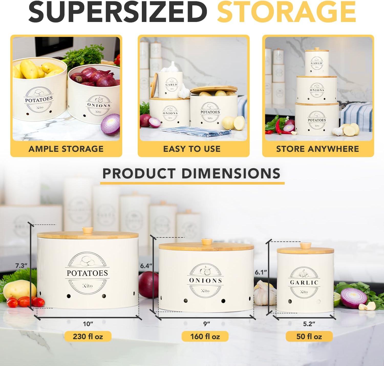 Canisters Sets for Kitchen Counter Storage and Organization with Wooden Bamboo Lids, Food Pantry Containers, Stackable Steel Storage Bins, Potato Storage Onion Keeper Garlic - Cream