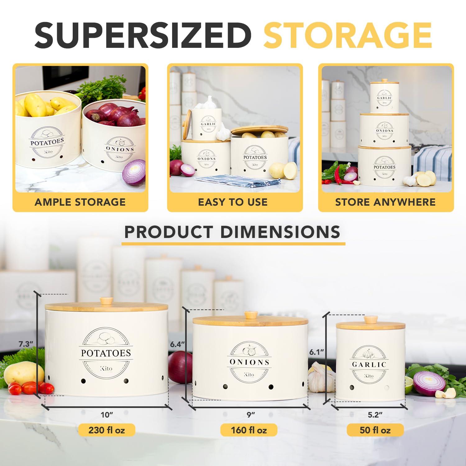 Canisters Sets for Kitchen Counter Storage and Organization with Wooden Bamboo Lids, Food Pantry Containers, Stackable Steel Storage Bins, Potato Storage Onion Keeper Garlic - Cream