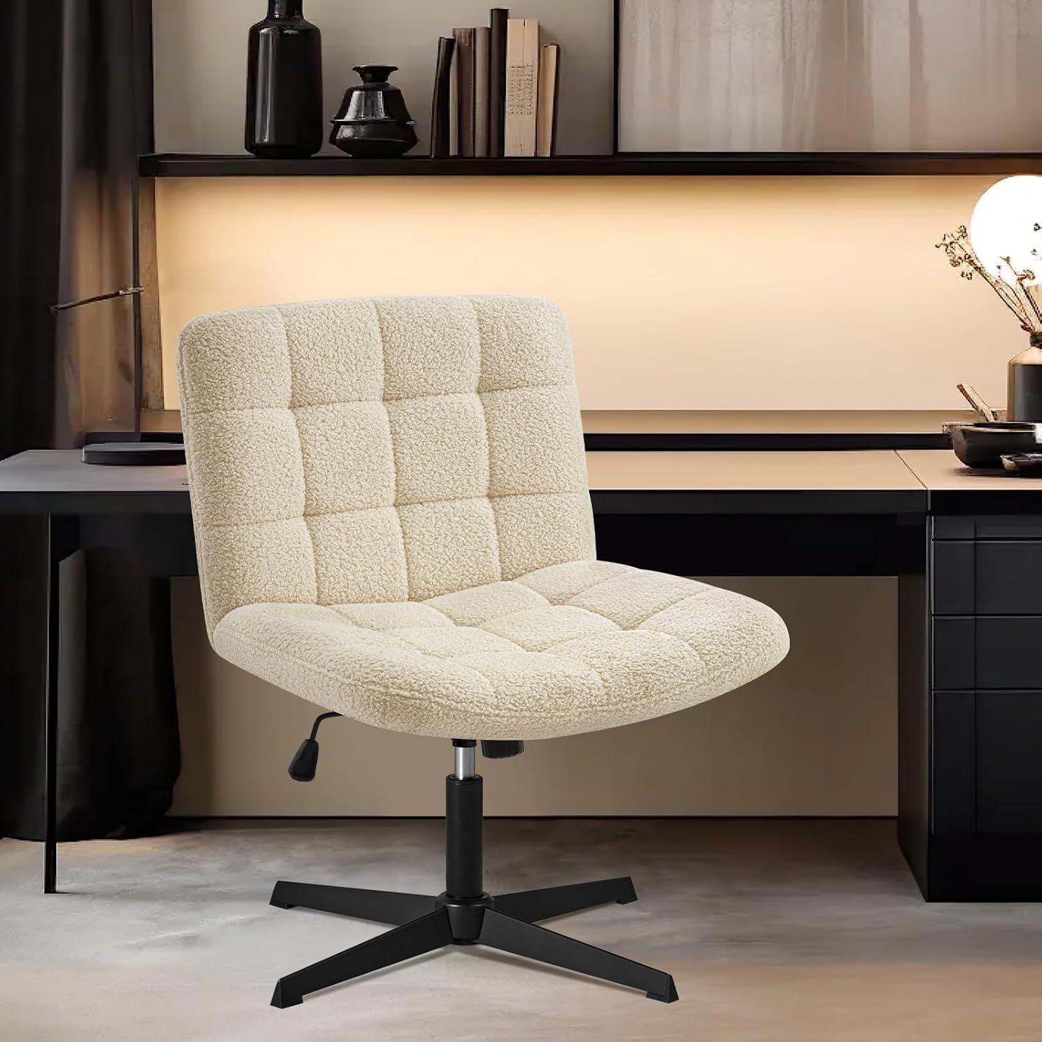 Furniliving Armless Office Desk Chair No Wheels Swivel Cross Legged Office Chair Ergonomic Computer Task Chair, Ivory white