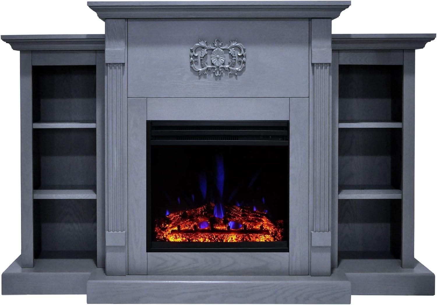 Sanoma 72'' Slate Blue Electric Fireplace with Charred Log Insert and Bookshelves