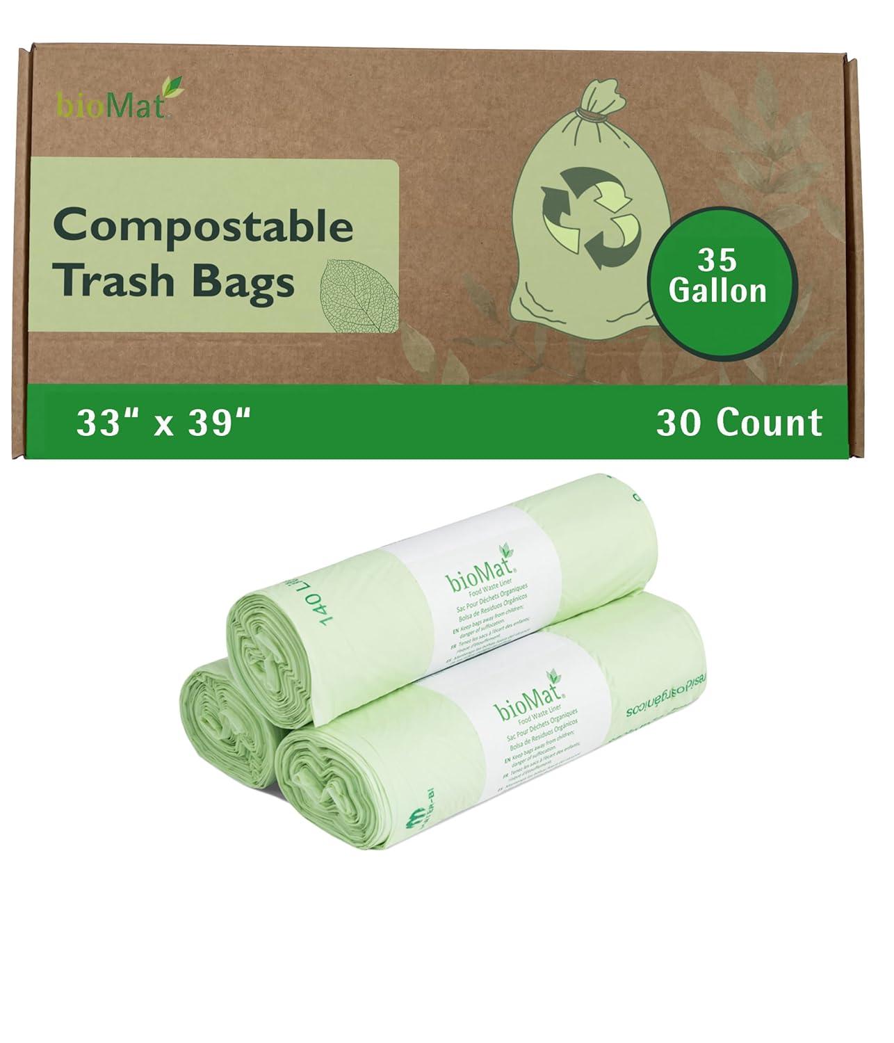 bioMat 35 Gallon Compostable Trash Bags; 30 Count, BPI ASTM D6400; Tear Resistant & Leak Proof Compostable Bags for Kitchen Compost Bin