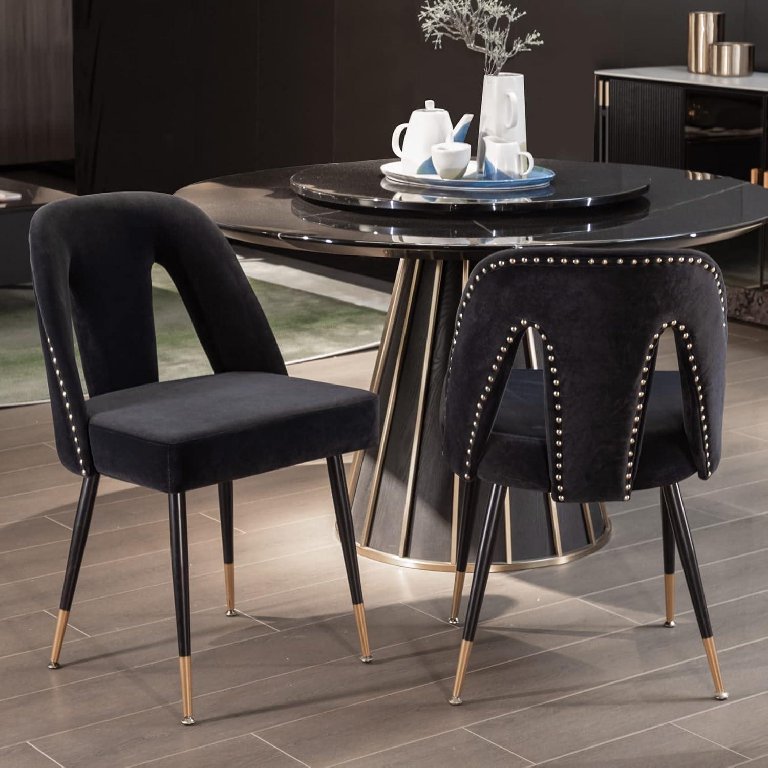 Aoowow Modern Dining Chairs Set of 2, Velvet Upholstered Side Chairs with Nailheads and Gold Tipped Black Metal Legs (Black)