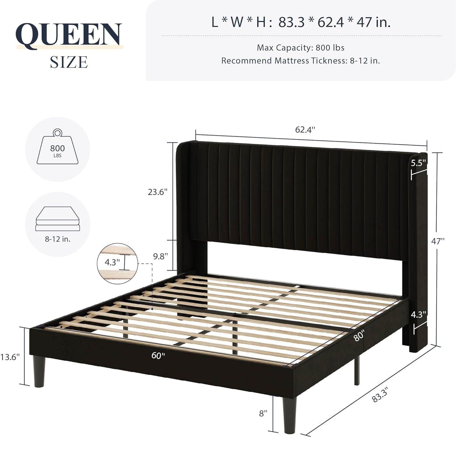 Candler Velvet Upholstered Platform Bed with Wingback Headboard and Wooden Slats