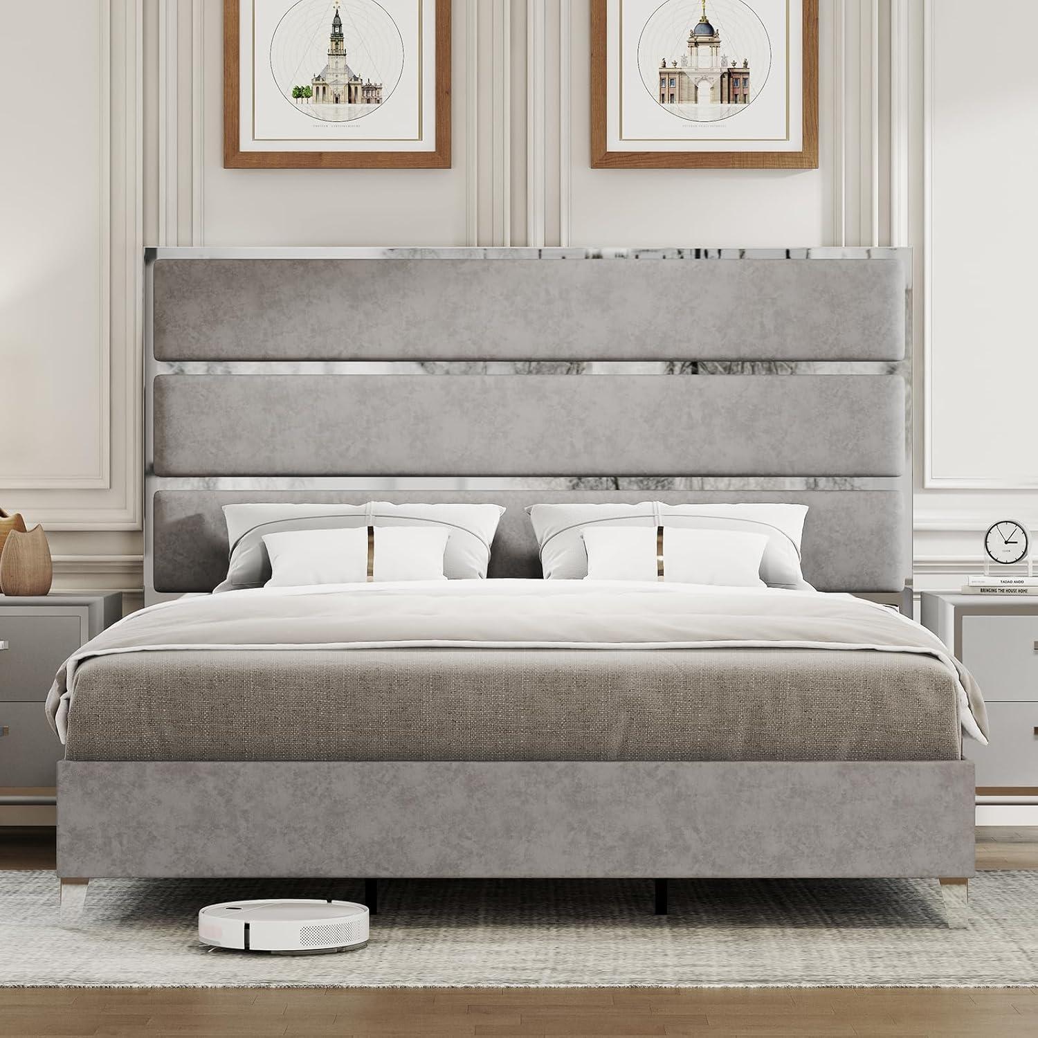 Queen Size Bed Frame with 59" Tall Headboard, Velvet Upholstered Platform Bed with Silver Mirrored Trim/No Box Spring Needed/Light Grey