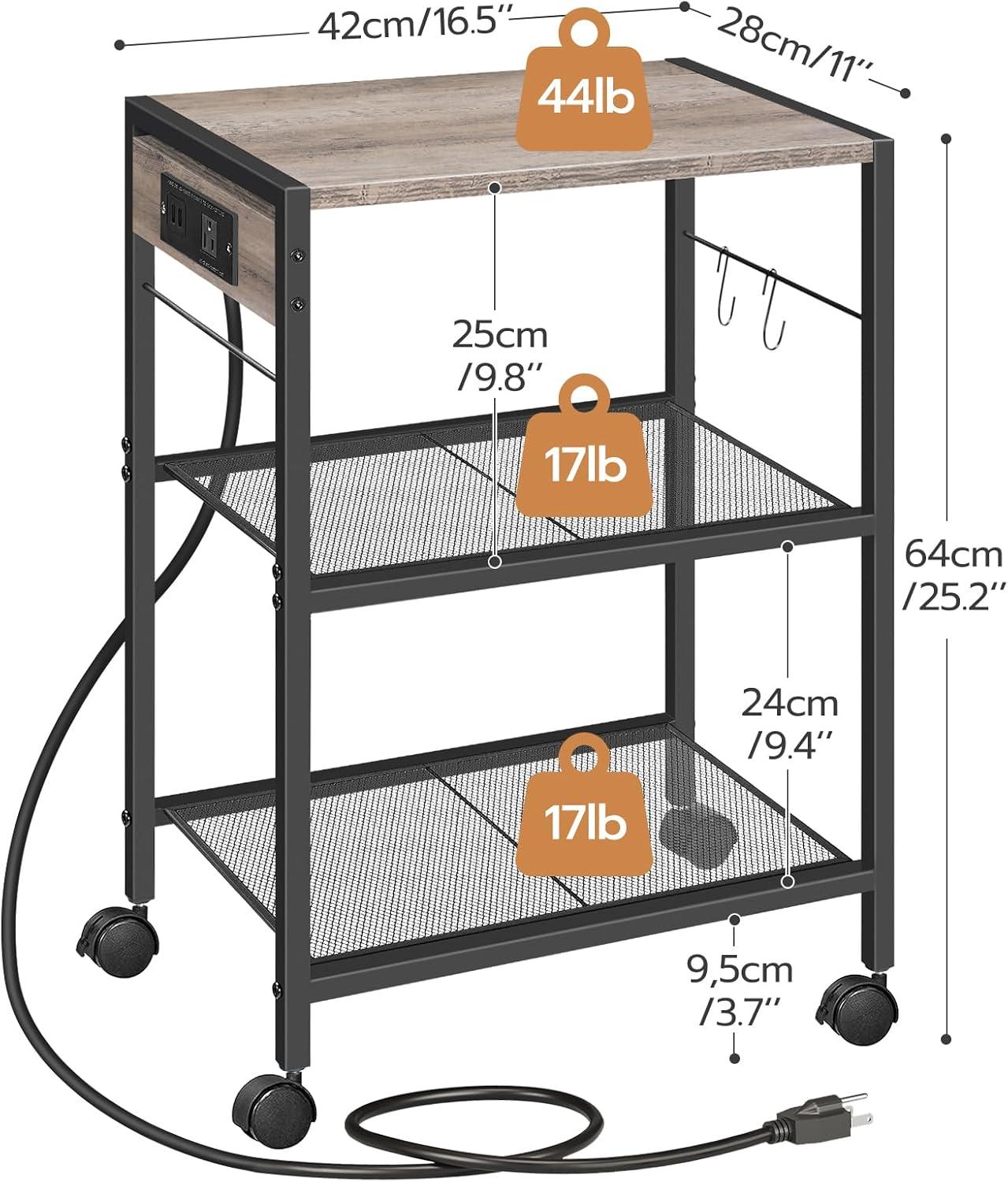 Greige and Black 3-Tier Industrial Mobile Printer Stand with Power Outlets