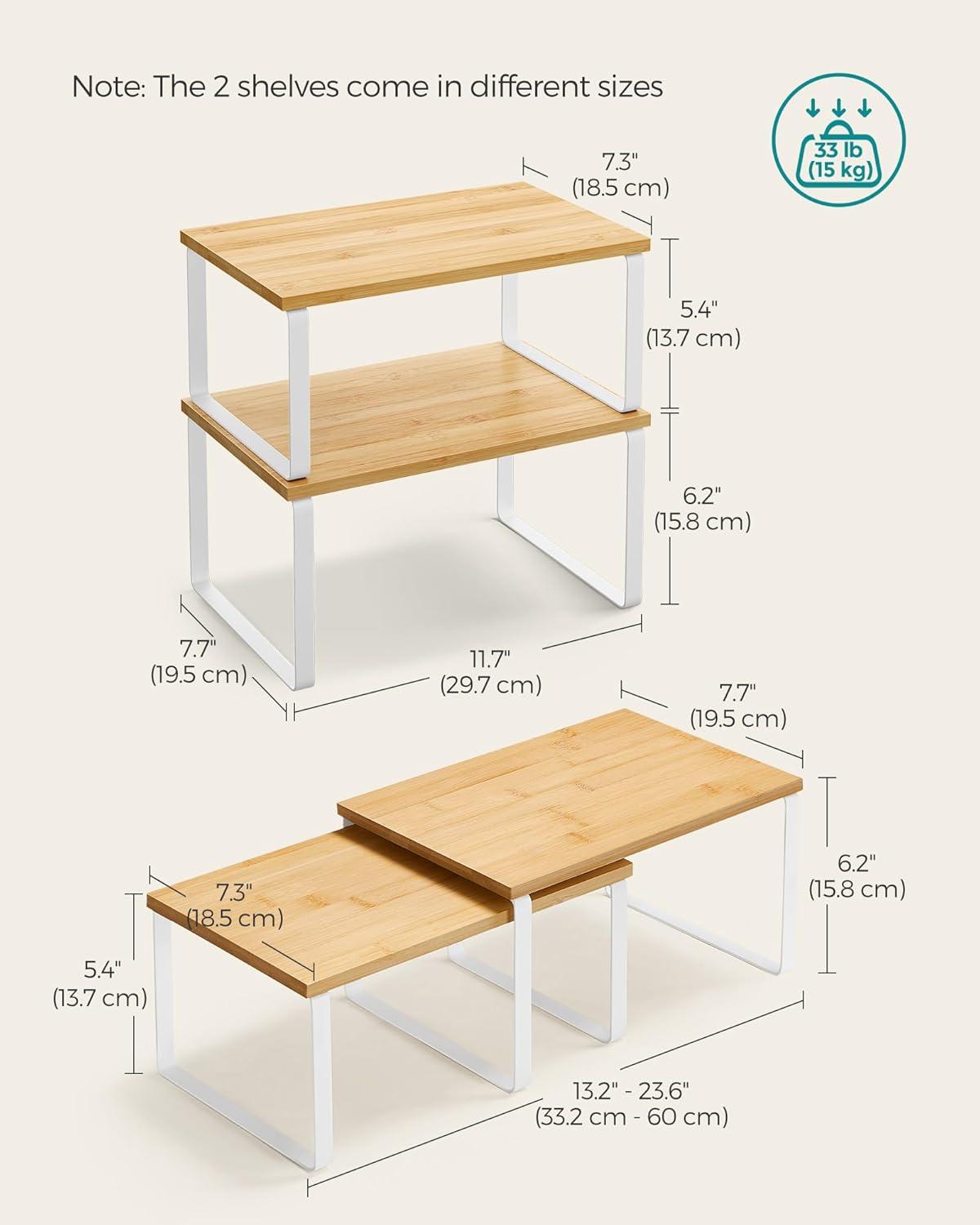 SONGMICS 4 Pack Cabinet Organizer Shelf, Kitchen Counter Shelves, Kitchen Storage, Spice Rack, Stackable, Expandable, Metal and Engineered Wood, Cloud White and Natural Beige