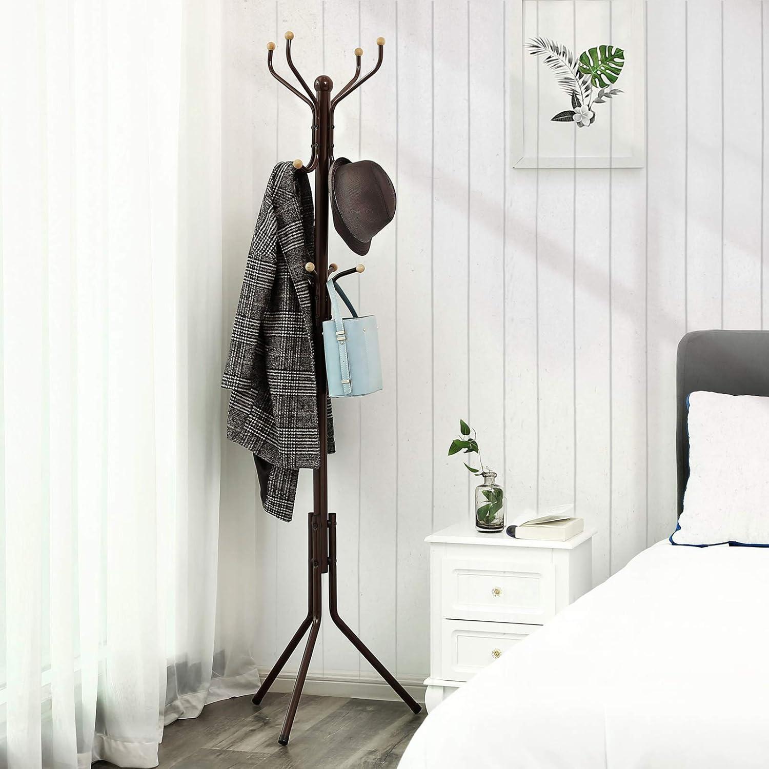 Brown Metal Freestanding Coat Rack with 12 Hooks