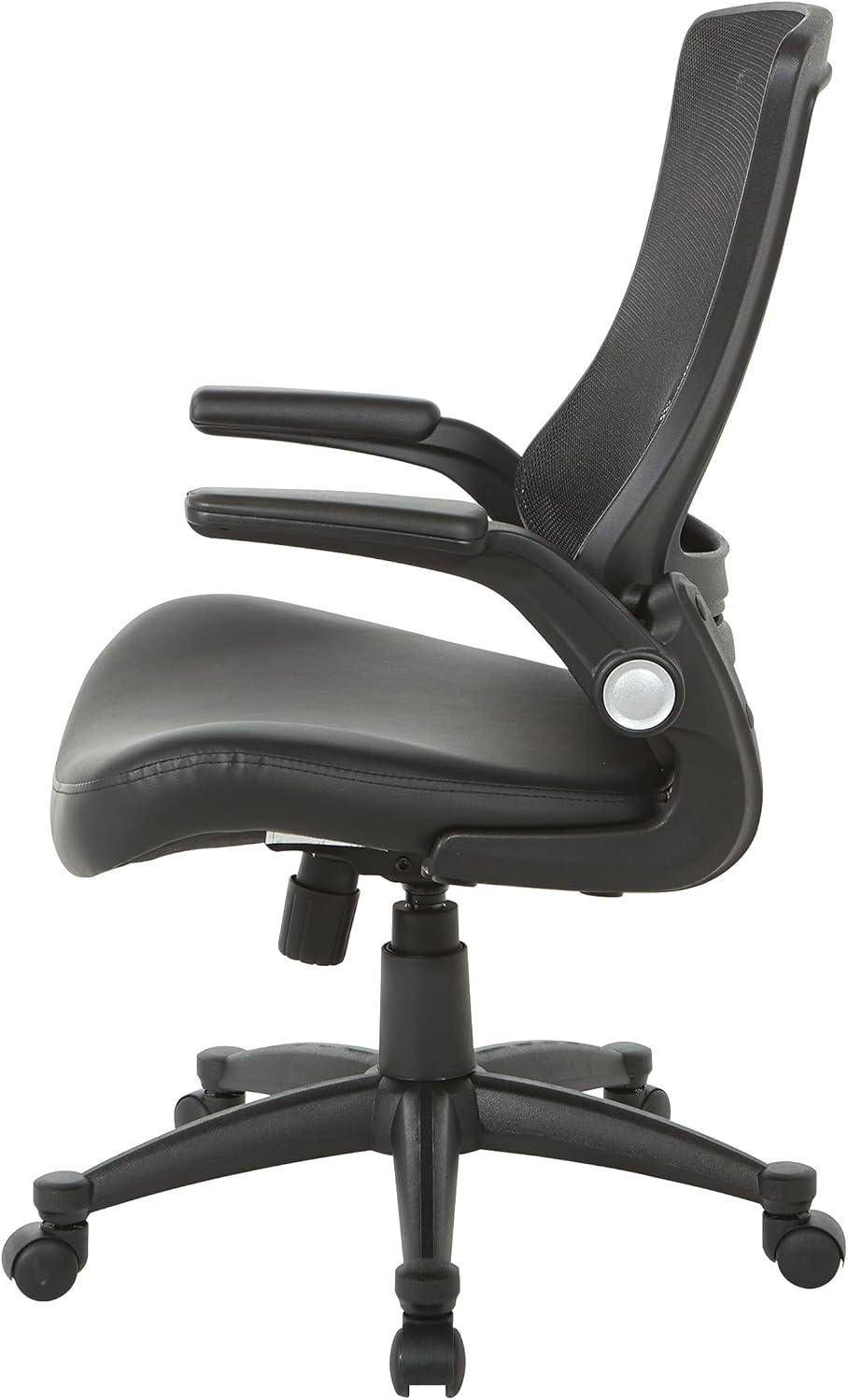 Office Star Products Screen Back Manager's Chair in Black Faux Leather Seat with PU Padded Flip Arms with Silver Accents