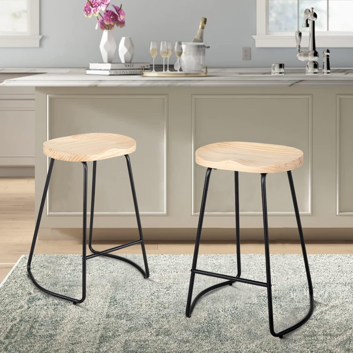 Burlywood Saddle Seat Backless Bar Stools with Metal Legs, 25"