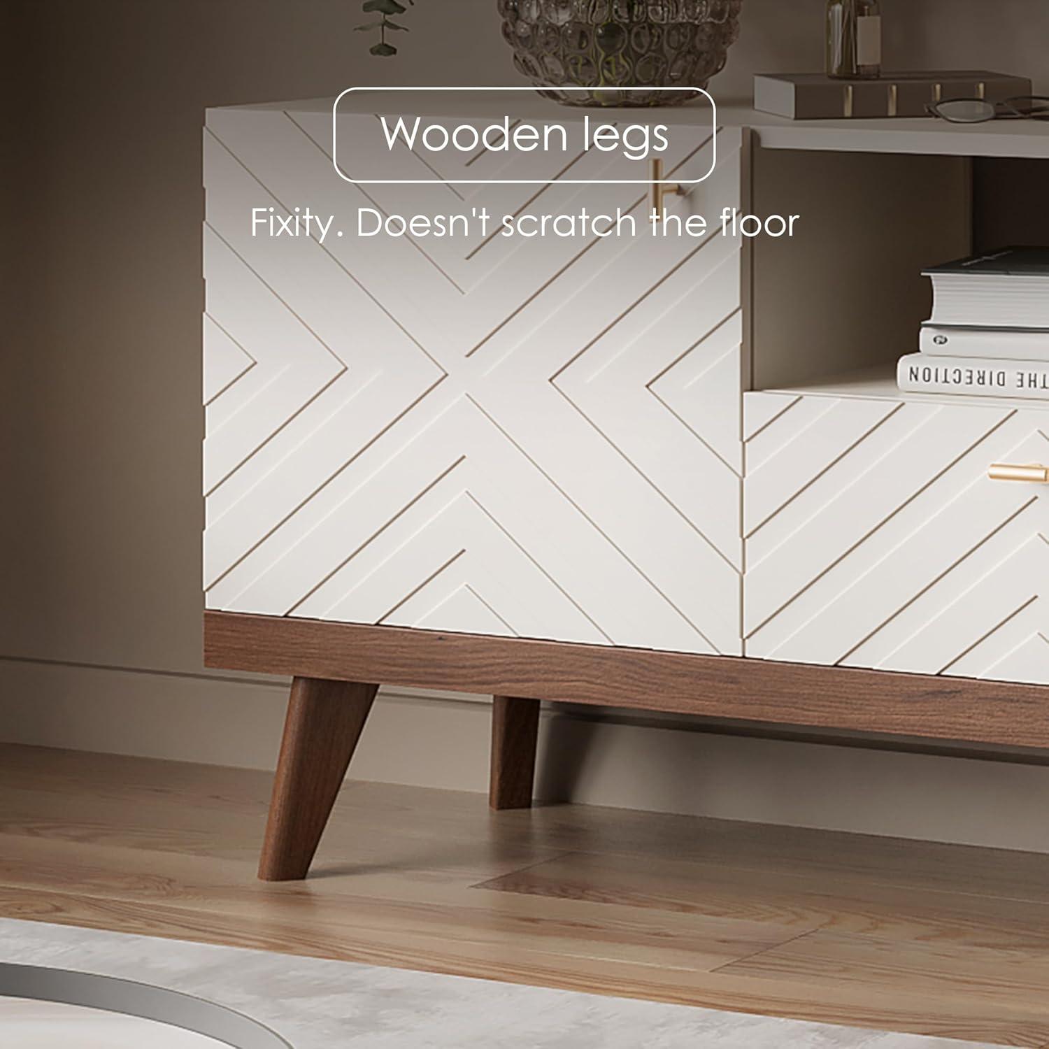 Living Skog  Alba Beige TV Stand Console with Drawer Fits TV's up to 65 in. with Wood Legs Mid Century Modern Design Beige Laminate Up to 240 lbs