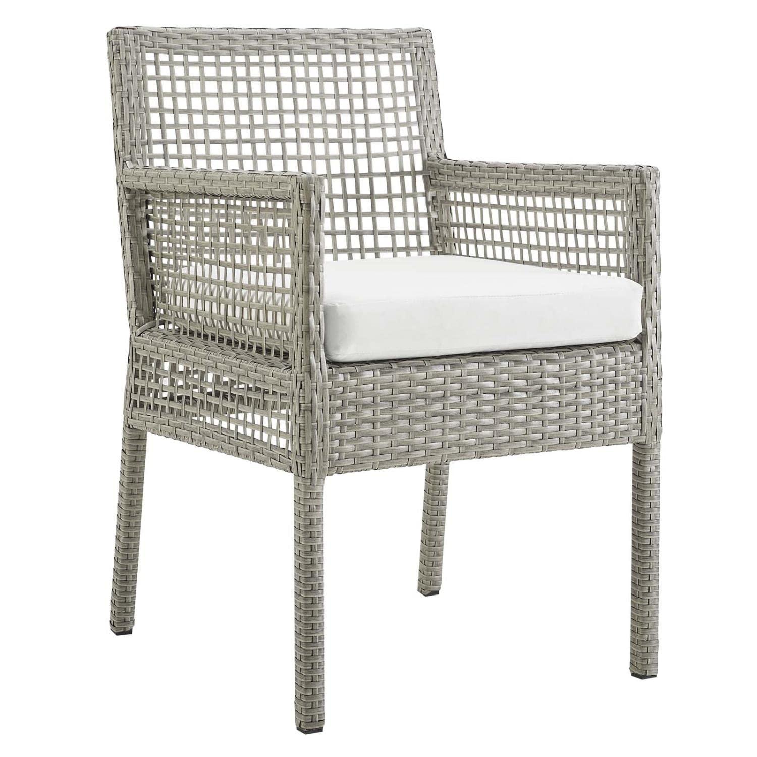 Modway Aura Outdoor Dining Armchair – Gray White Wicker Rattan Patio Chair with Cushions, All-Weather Build