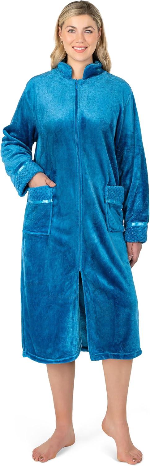 PAVILIA Womens Housecoat Zip Robe, Fleece Zipped Up Front Bathrobe, Plush Warm Long Zipper House Coat Lounger Pockets