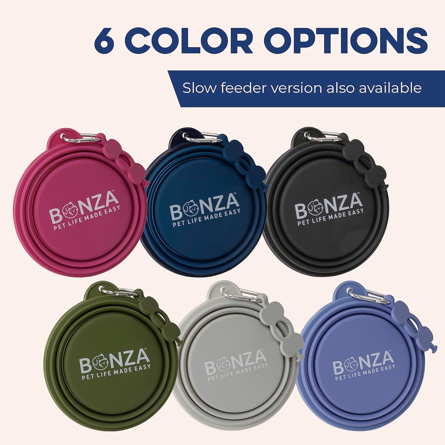 Bonza by Leash Boss Small Collapsible Dog Bowl, Sturdy Reinforced Rim, Includes Carabiner & Water Bottle Holder Keychain, Black