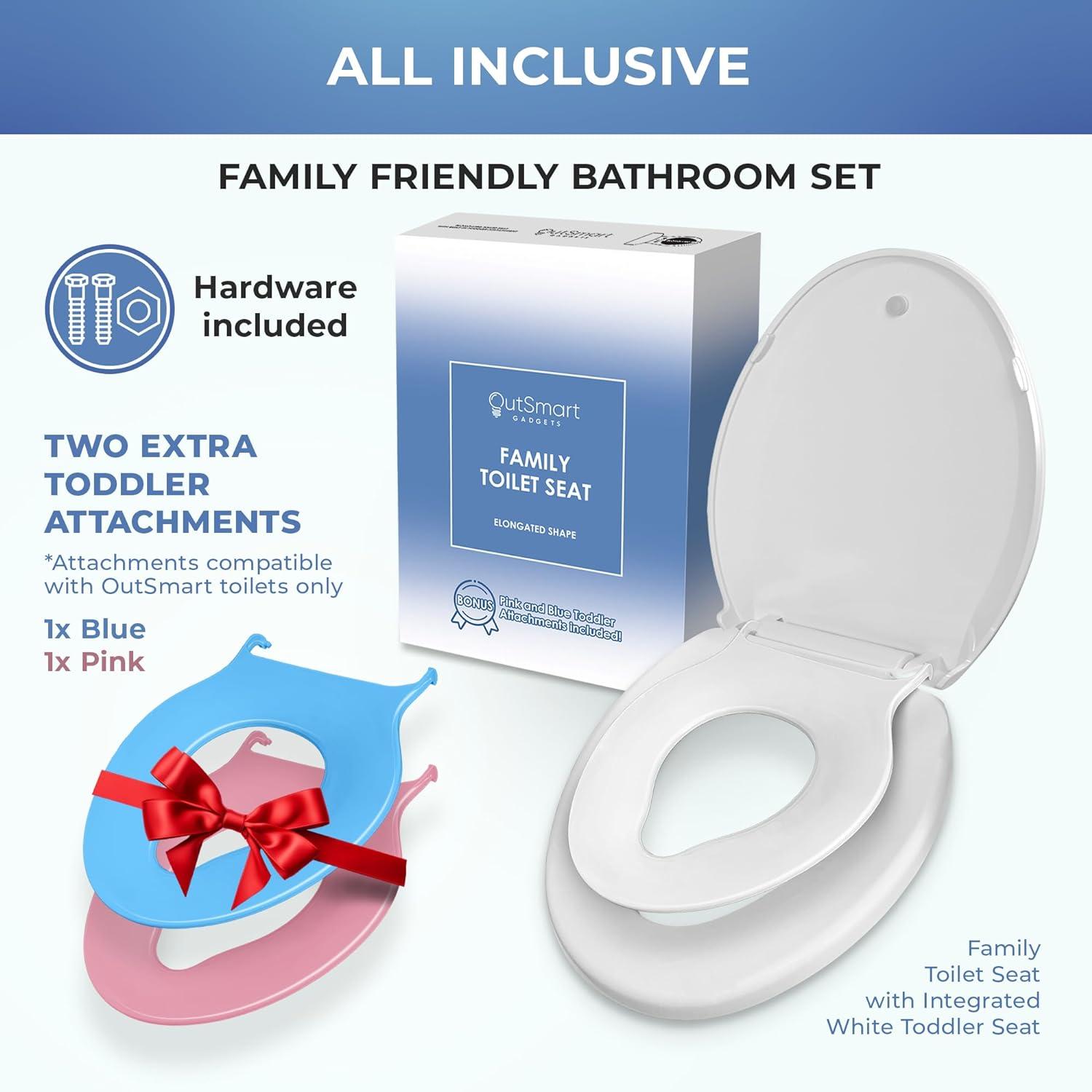 Elongated White Family Toilet Seat with Blue and Pink Toddler Attachments