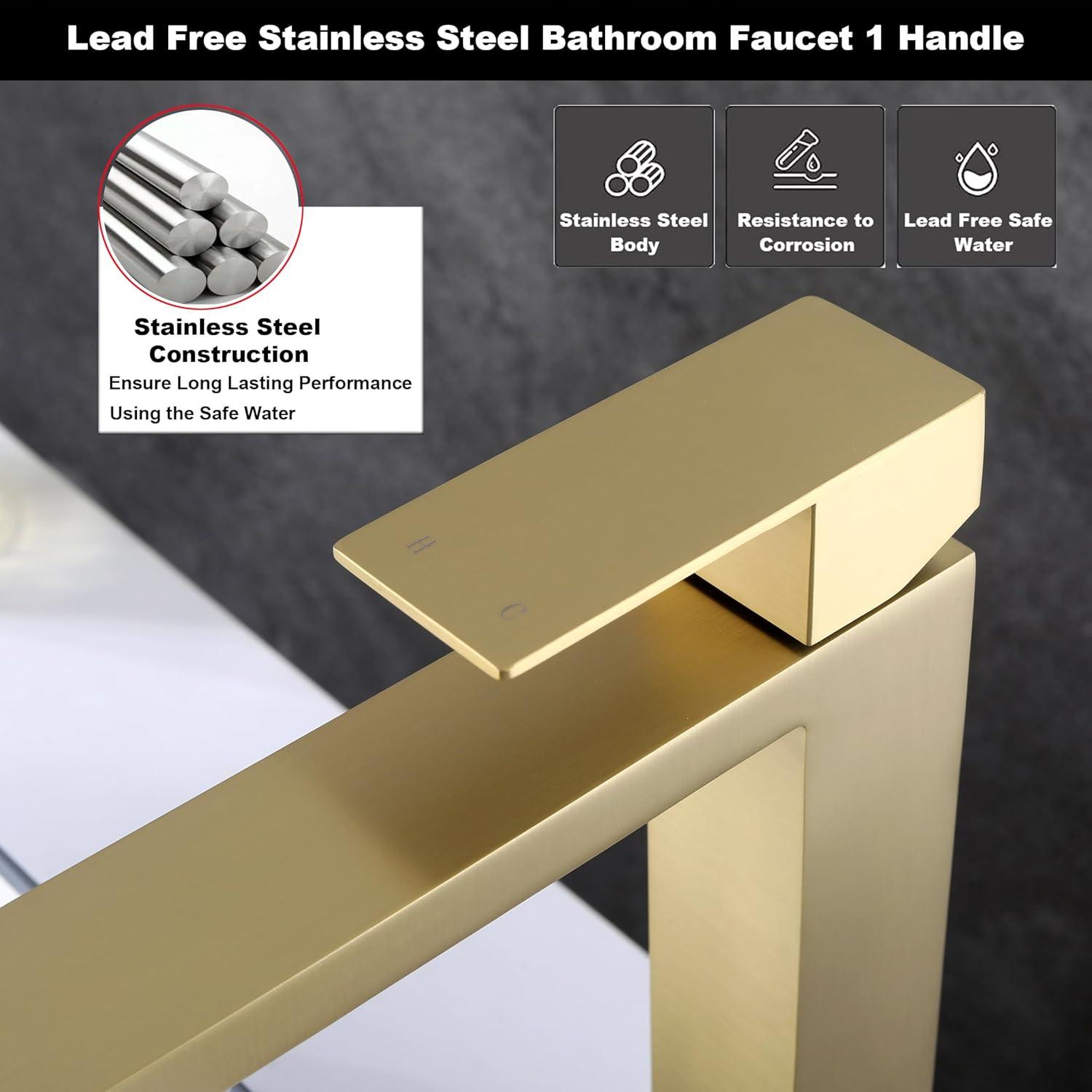 Gold Vessel Sink Faucet, Brushed Gold Tall Single Handle Bathroom Vessel Sink Faucet 1 Hole, Modern Stainless Steel Restroom Vanity Faucet with Metal Pop Up Drain and Water Supply Hose