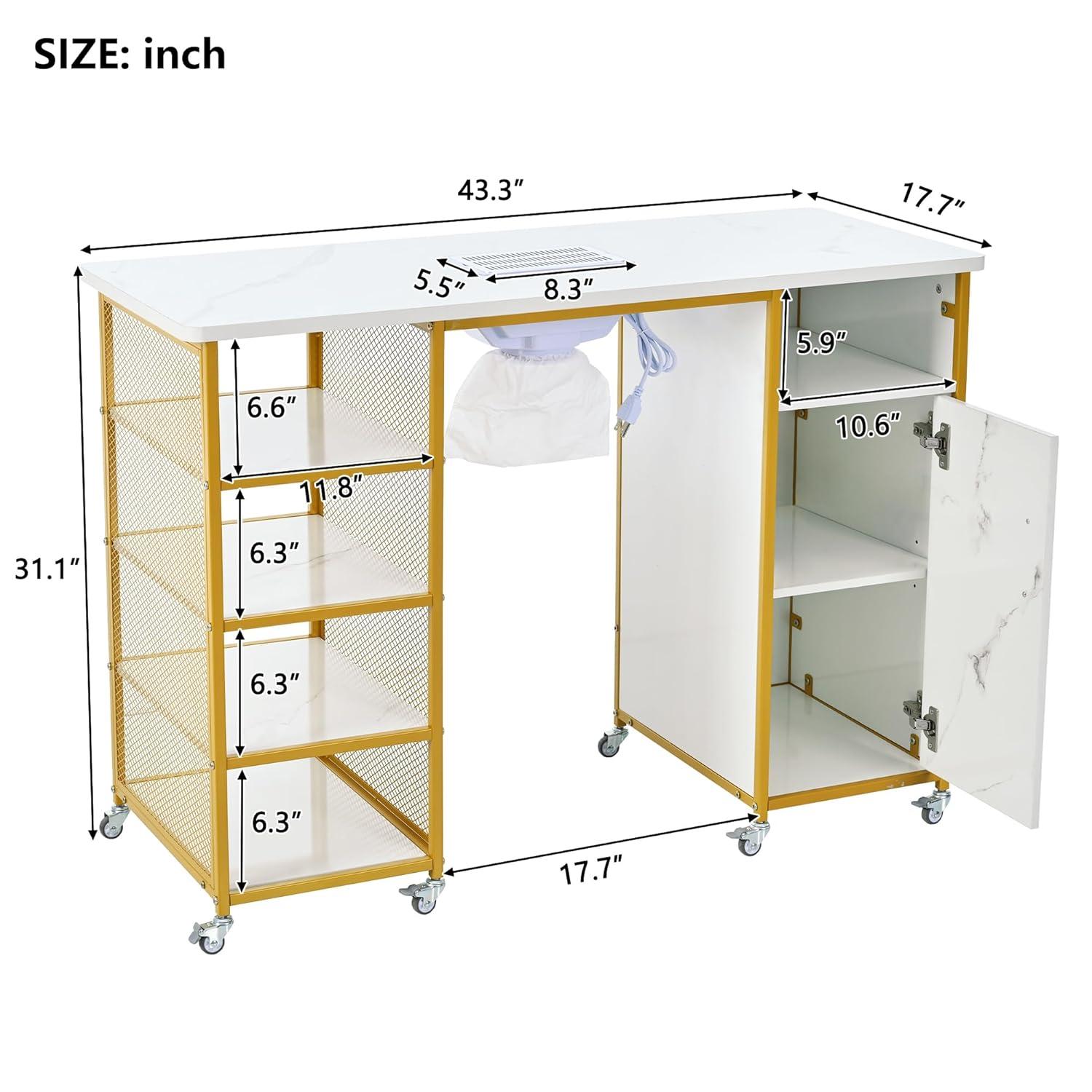 Manicure Table, Marbling Texture Nail Table with Electric Downdraft Vent, Wrist Cushion, Lockable Wheels, Storage Layers, Storage Cabinet Nail Station