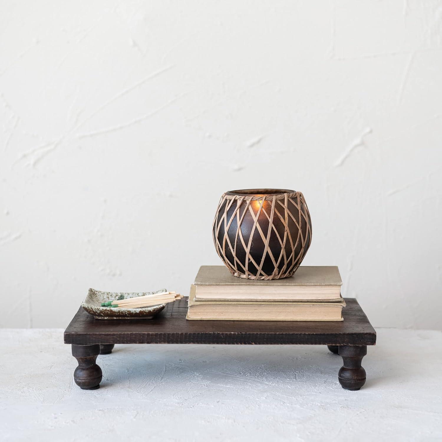 Storied Home Glass Votive Holder with Woven Rattan Sleeve, Brown and Natural