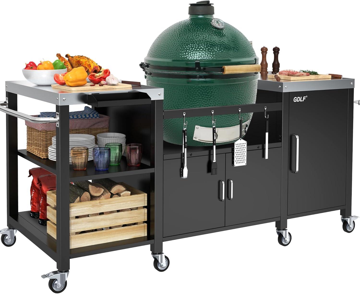 Grill Table, Metal Grill Cart Compatible with XL Big Green Egg,Big Joe,Primo XL