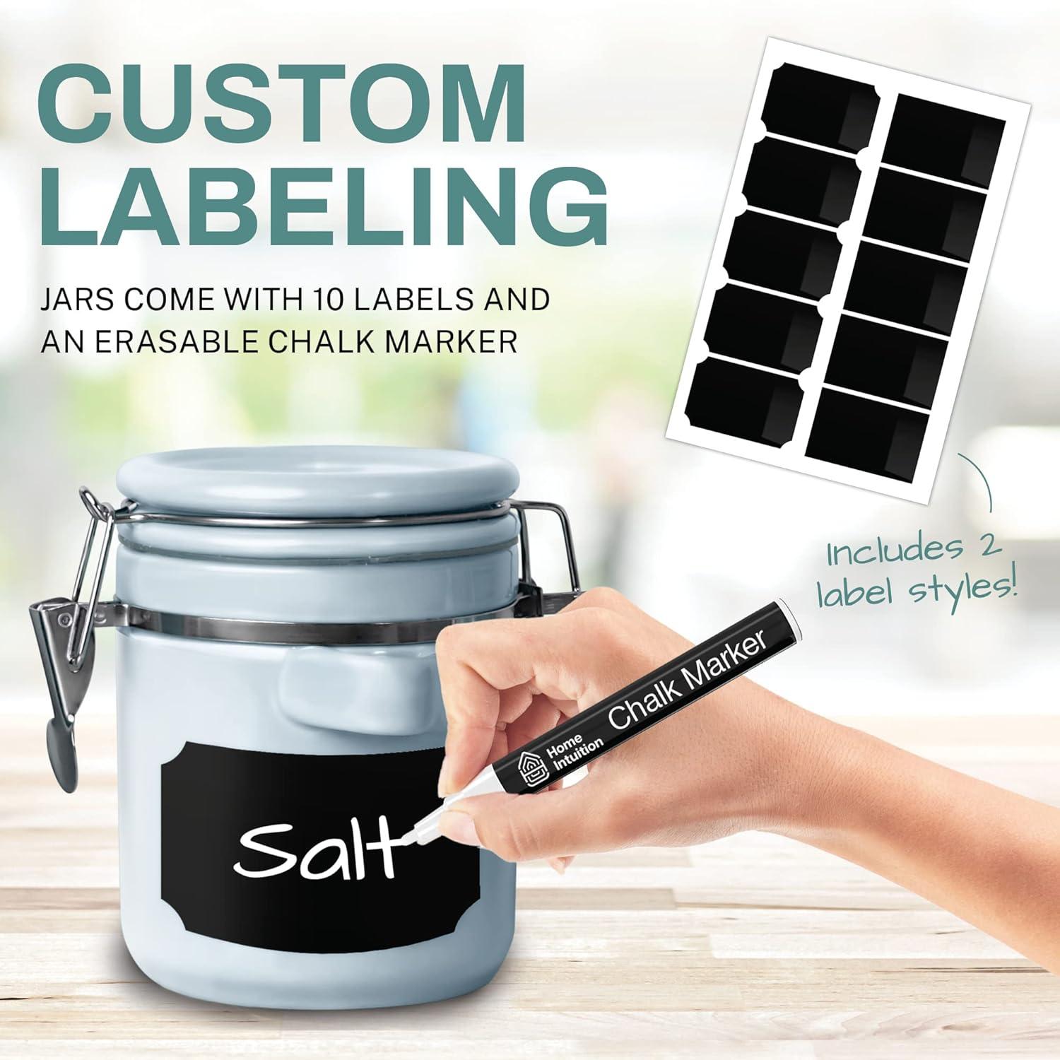 Home Intuition 4-Piece Ceramic Kitchen Canisters Set, Airtight Containers with Wooden Spoons Reusable Chalk Labels and Marker for Sugar, Coffee, Flour, Tea (Light Blue)