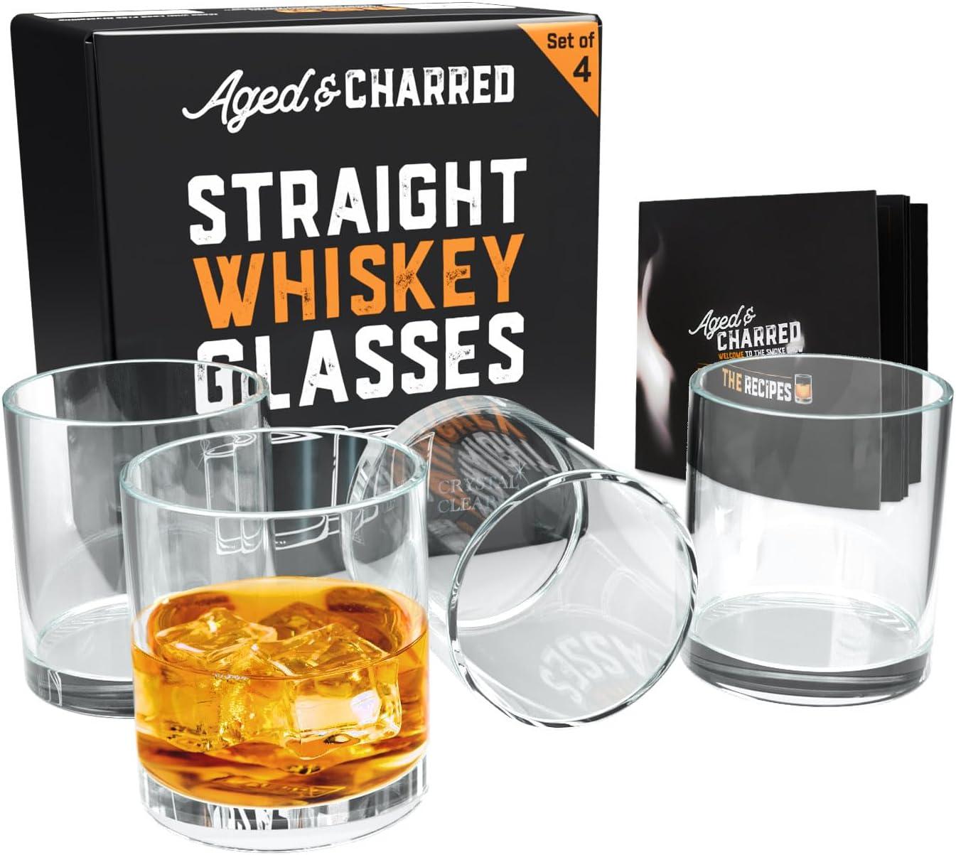 Aged & Charred Classic Crystalline Whiskey Glasses Set of 4 - Elegant Simplicity for Scotch & Bourbon Enthusiasts