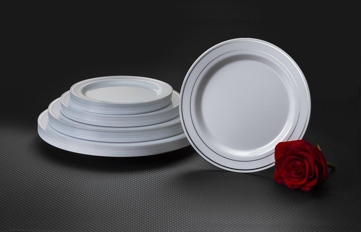 Party Essentials 12-Count Hard Plastic 9" Divine Dinnerware Disposable China Lunch/Dinner Plates, White with Silver Band