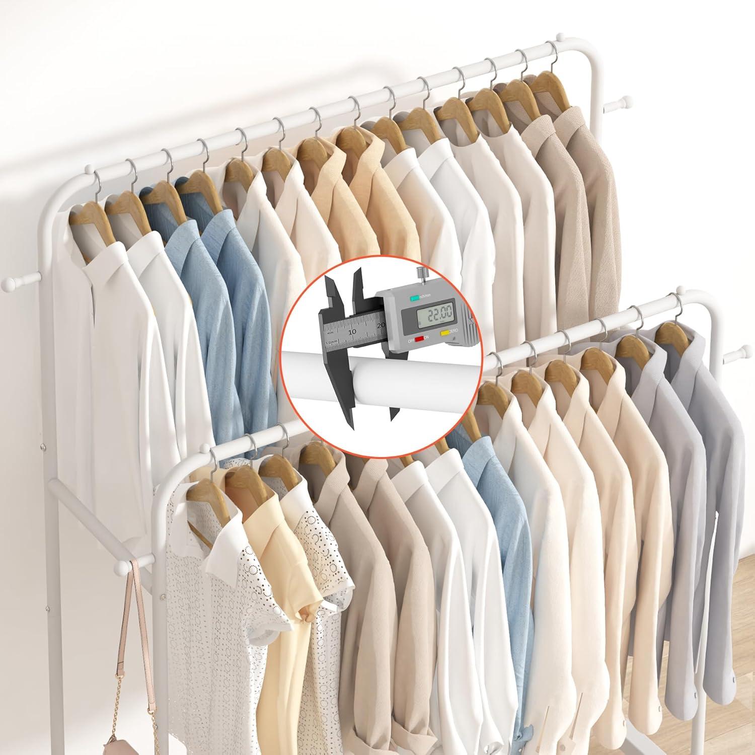 White Double Rods Garment Rack with Wheels and Hooks