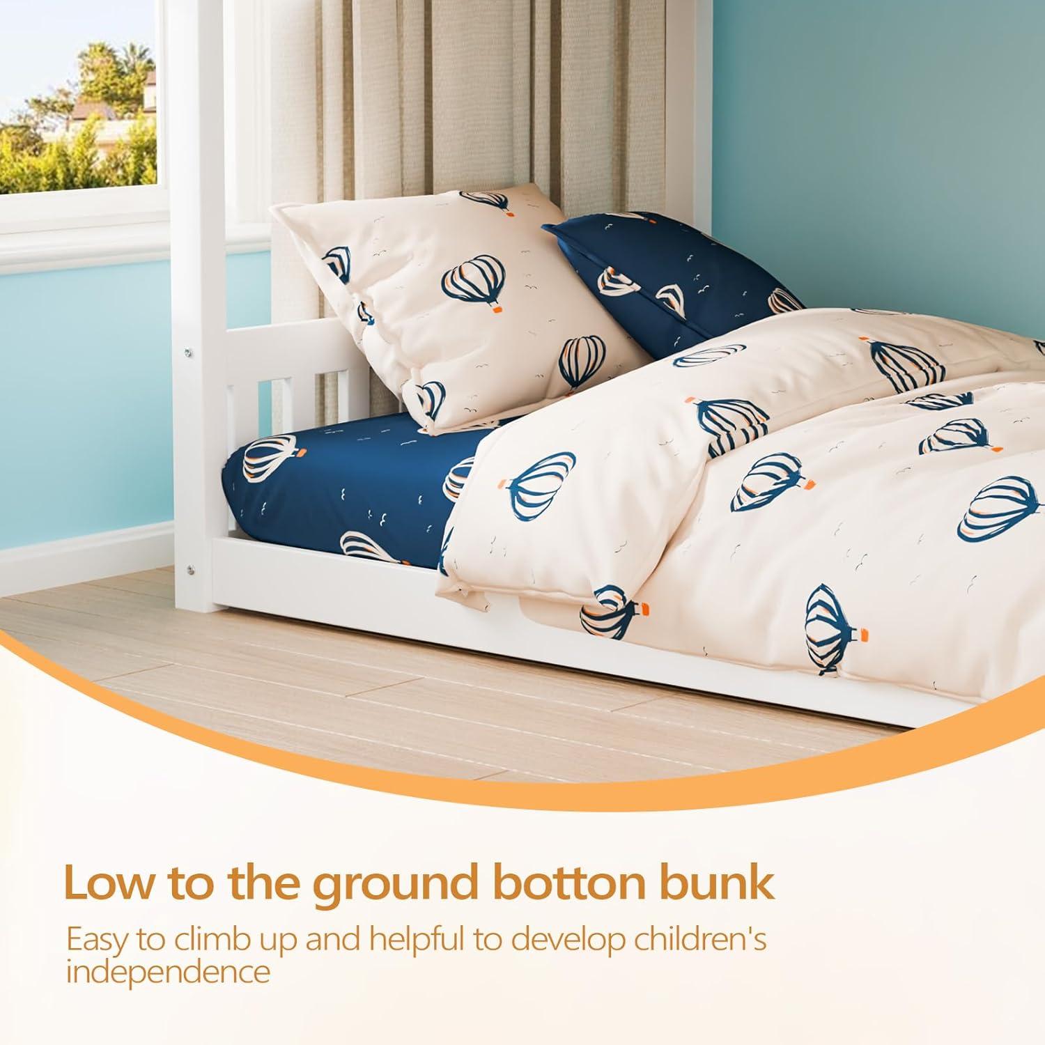 JOYMOR Wood Low Twin Over Twin Bunk Bed for Kids/Toddlers/Junior, Bunk Bed Frame with Guardrails & Ladder for Boys Girls, No Box Spring Needed, White