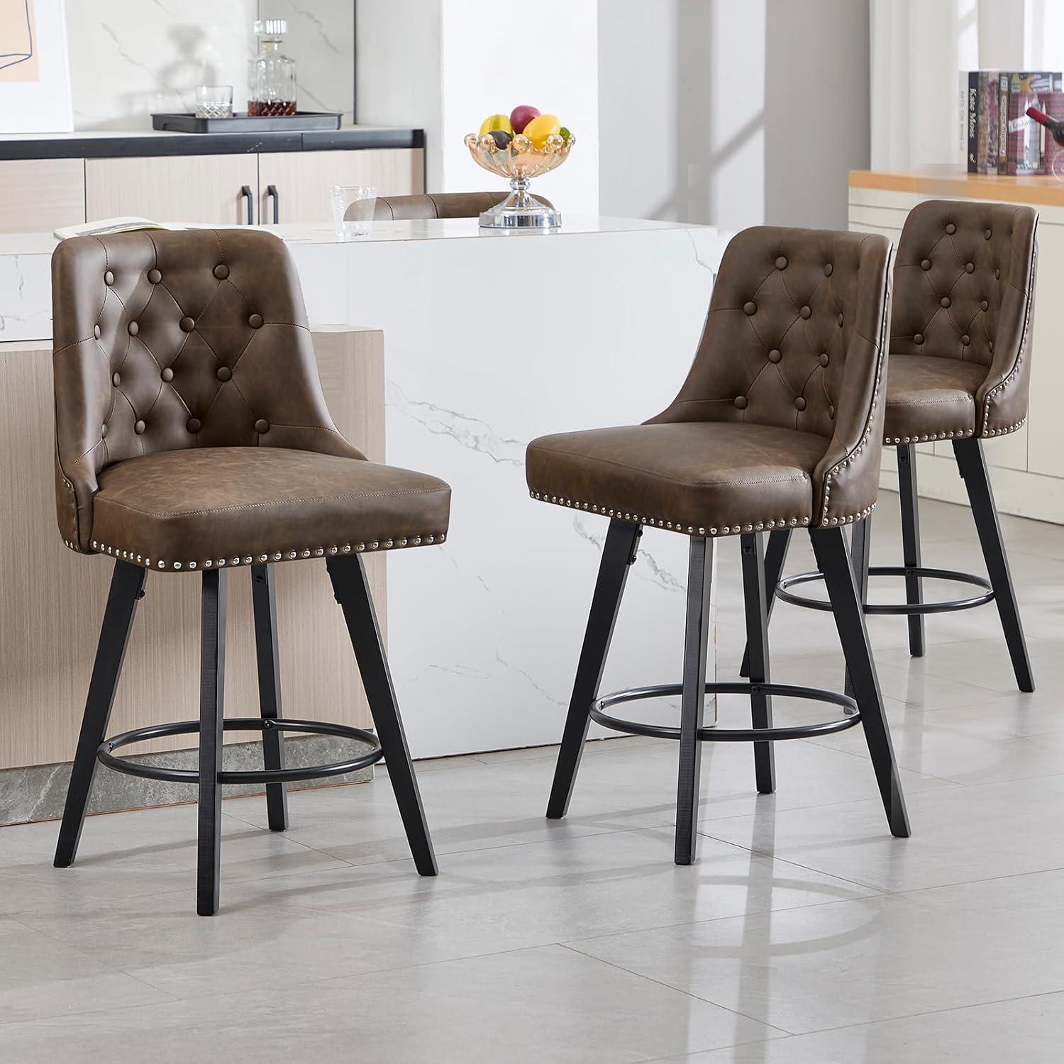 Counter Bar Stools Set of 2, Modern Swivel Bar Stools with Back and Wood Legs, 26" H Upholstered Bar Chair for Kitchen Island Home Bar, Leather Brown