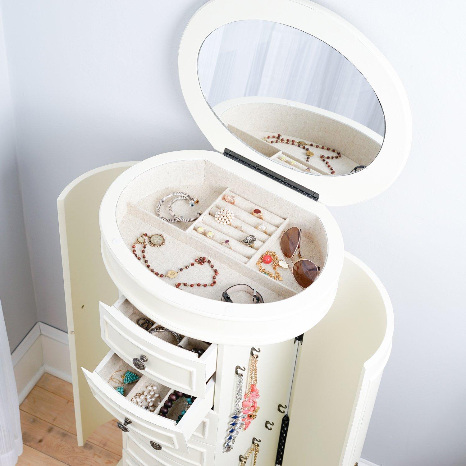 Hives and Honey Bailee Standing Jewelry Armoire - 7 Drawers, Mirror Top, Side Doors - Necklace, Earring, Bracelet Organizer, Ivory
