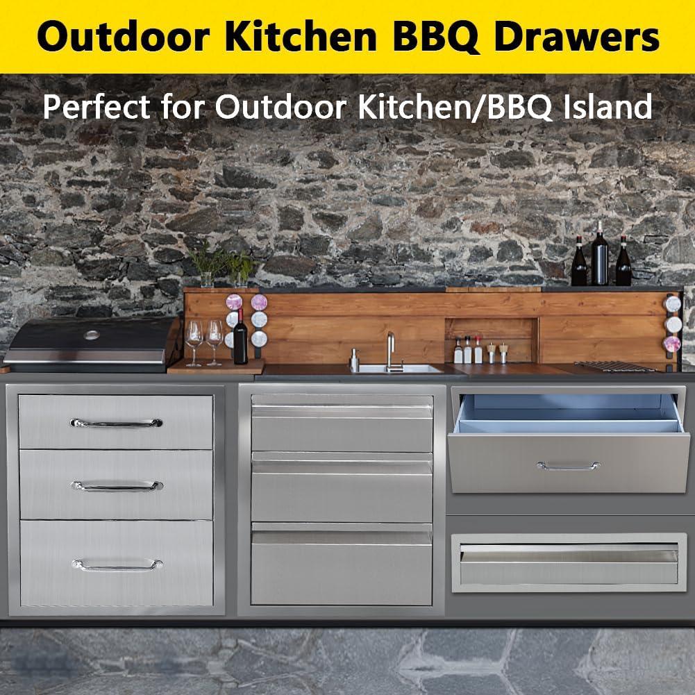 Towallmark 14 x 20.5 Inch Outdoor Kitchen Drawers, Stainless Steel Triple Access BBQ Drawers with Chrome Handle, 14 x20.5 x 23 Inch