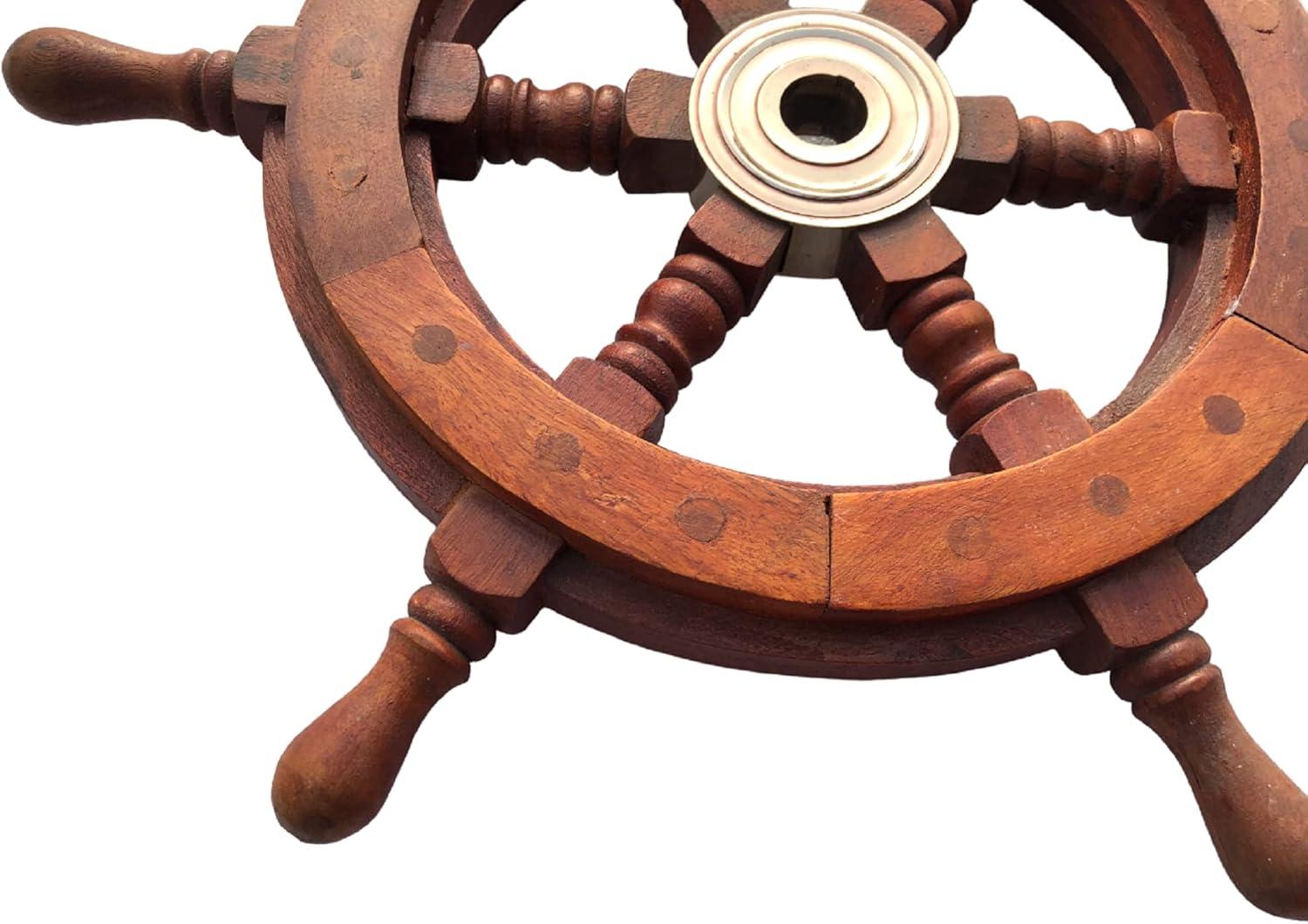 24" Dark Rosewood and Brass Nautical Ship Wheel Decor