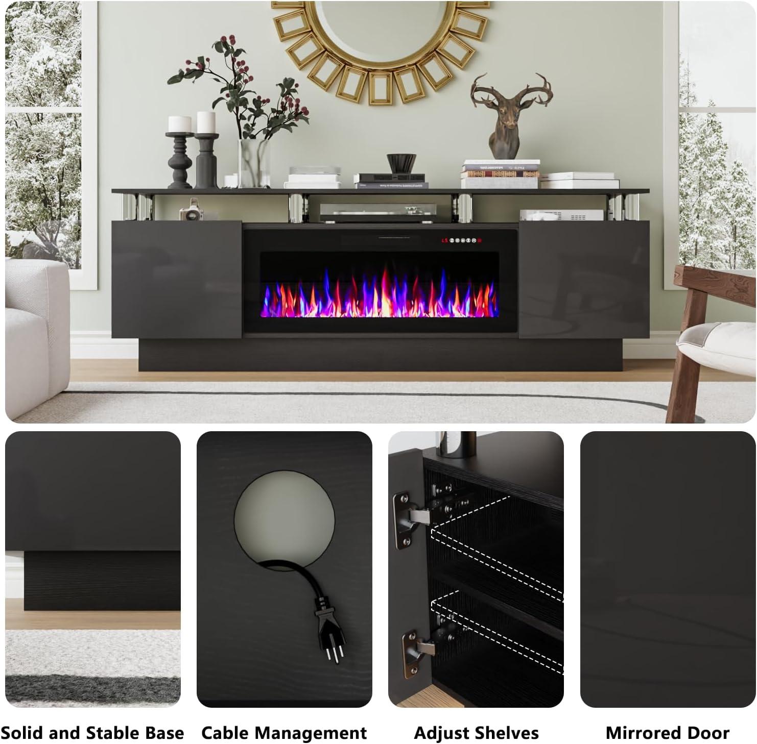 BELLEZE Soporte para Televisor con Chimenea para Televisores de hasta 75", Centro de Entretenimiento con Chimenea Eléctrica de 36", Iluminación Ambiental LED y Almacenamiento, Mesa Consola Multimedia de 69 Pulgadas - Avenue (Blanco)