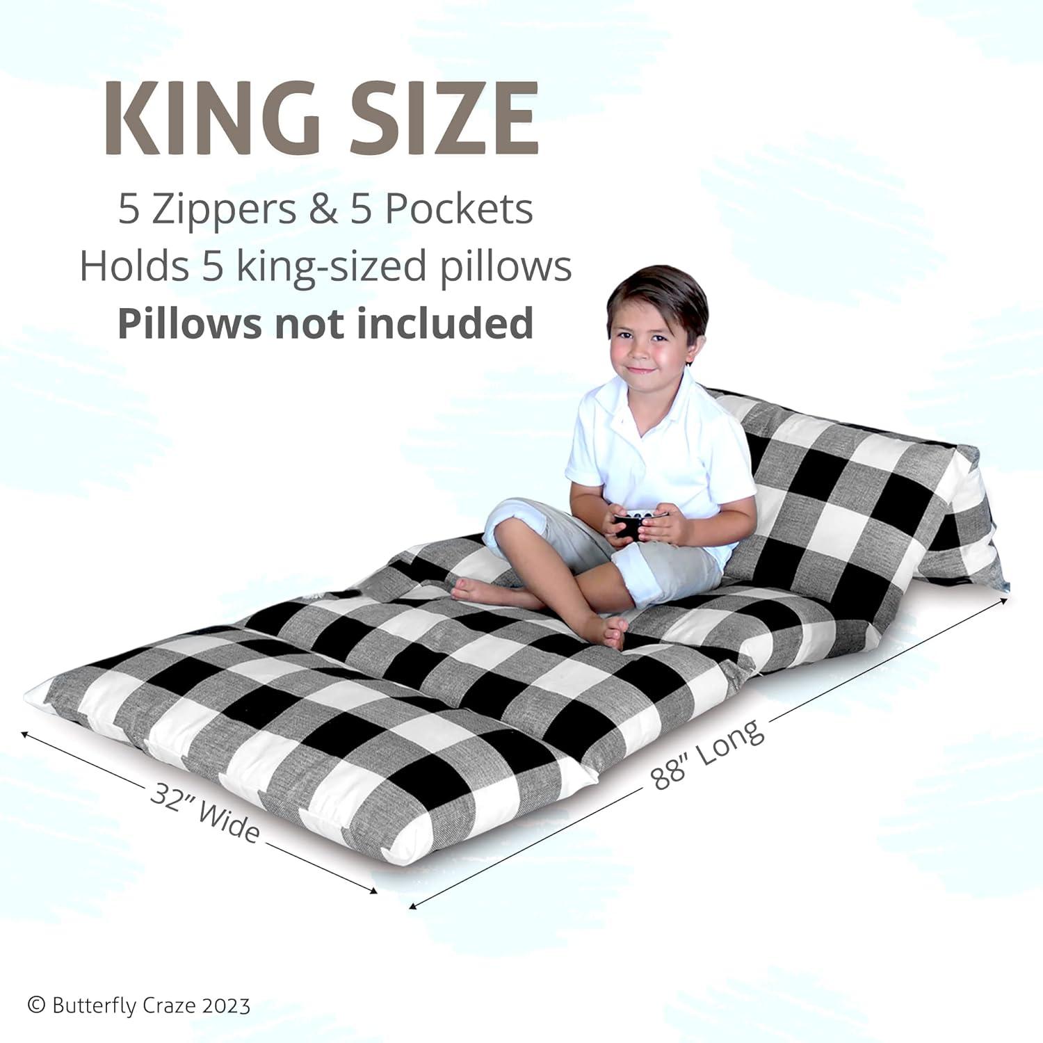 Butterfly Craze Butterfly Craze Floor Pillow Case, Mattress Bed Lounger Cover, Black/White Plaid, King Size - for Kids & Adults